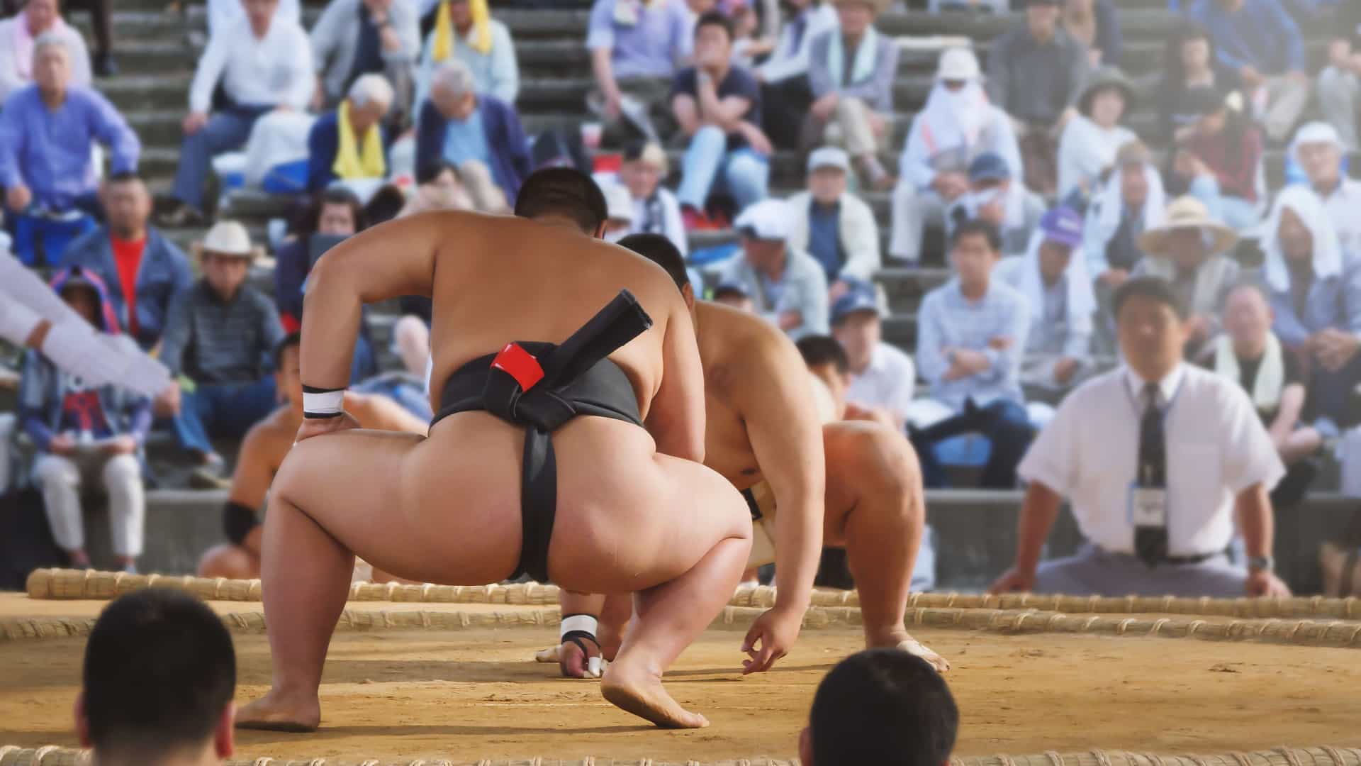 Two sumo wrestlers in traditional mawashi loincloths prepare for a match in a dohyo ring in Japan. They are in a crouched position, facing away from the camera, with their muscular legs and backs visible. The ring is a raised clay circle with a crowd of spectators sitting in tiered stands in the blurred background. The image captures a moment of this ancient Japanese sport, a unique cultural event from the Asian region.