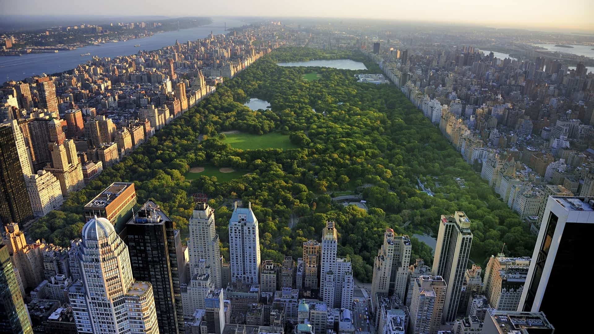 An aerial view of Manhattan's Central Park, showing the vast green space surrounded by the dense urban skyline of skyscrapers. The photograph is taken from a high vantage point, capturing the contrast between the natural landscape of the park and the tall buildings of Midtown Manhattan.