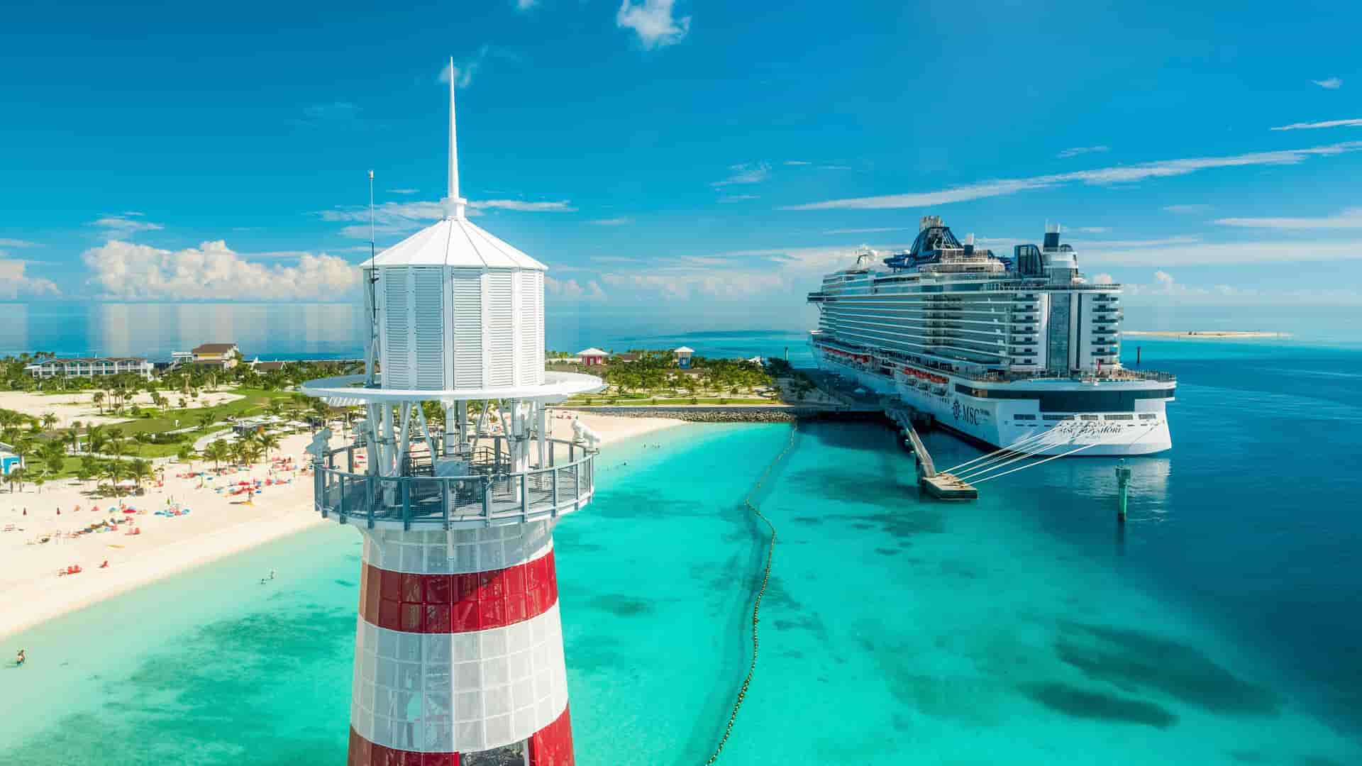 MSC's signature red and white lighthouse on it's private island, Ocean Cay Marine Reserve, located in the Bahamas.