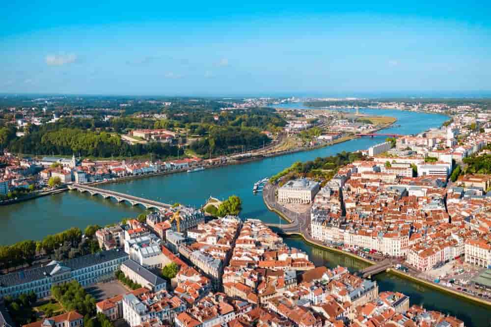 Aerial panoramic view of Bayonne city in southwestern France with historic buildings and scenic landscape.