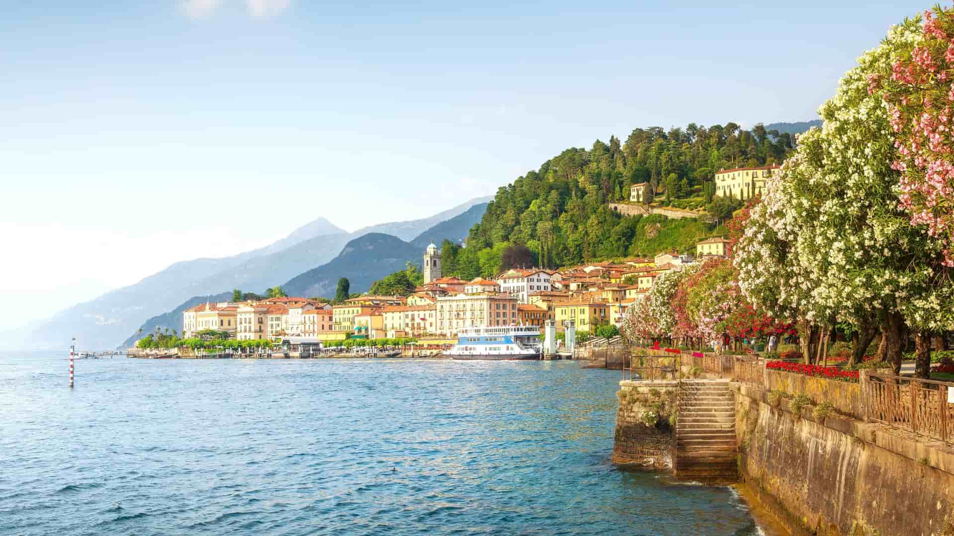 Scenic town of Bellagio on Lake Como, Italy with colorful buildings and mountains.