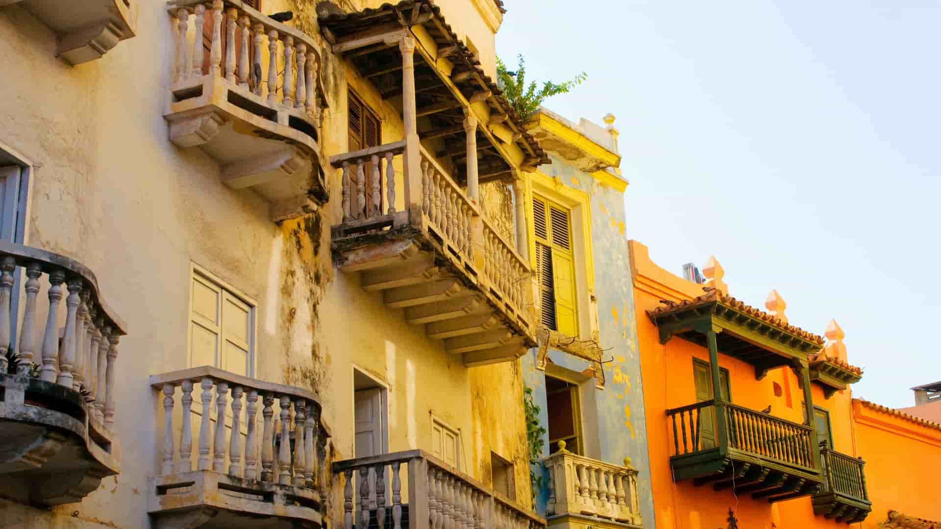 Colorful colonial balconies in Cartagena.