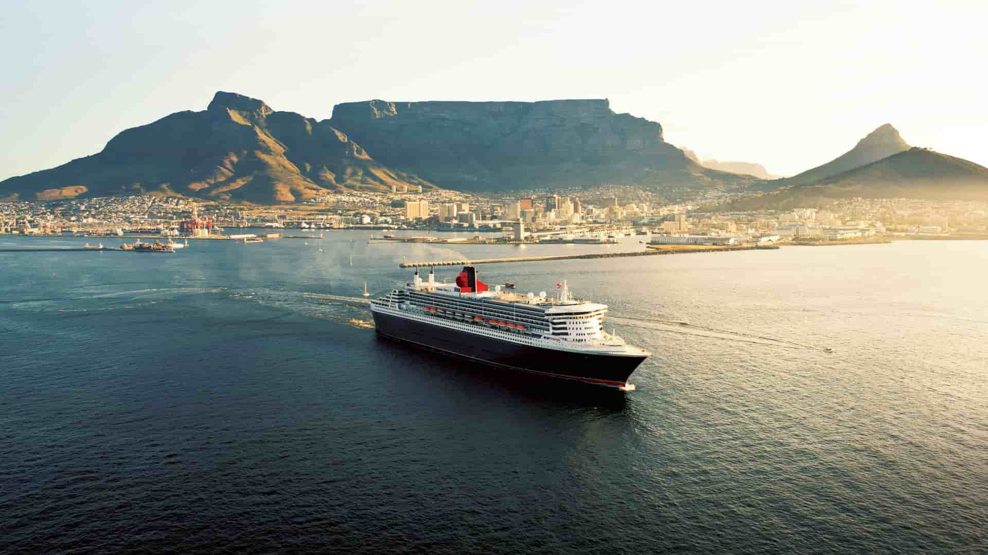 Cunard's Queen Mary 2 sailing on the coast of Cape Town, South Africa.