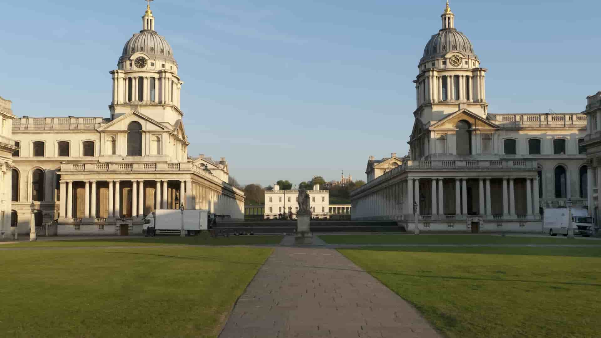 Grand architecture of Old Royal Naval College in Greenwich, London.