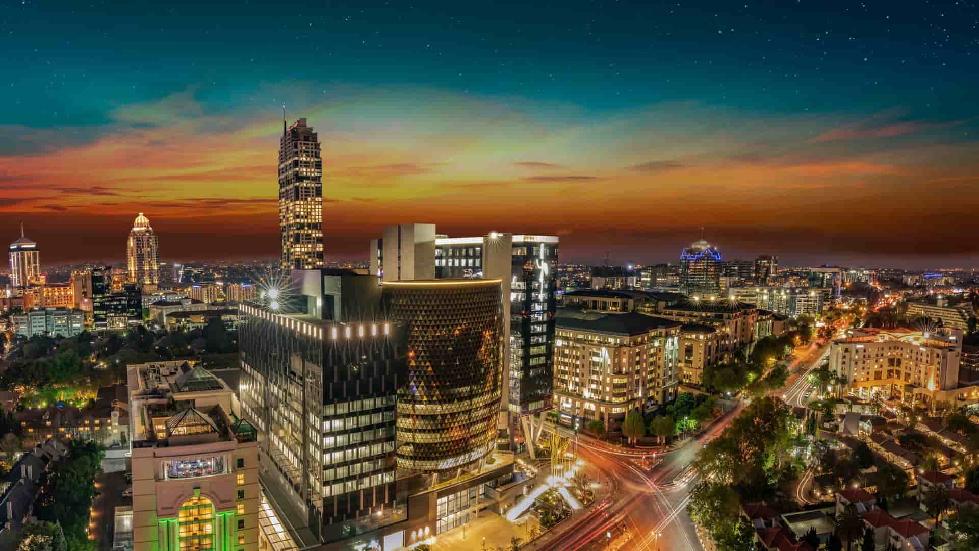 Johannesburg city skyline at dusk, South Africa.
