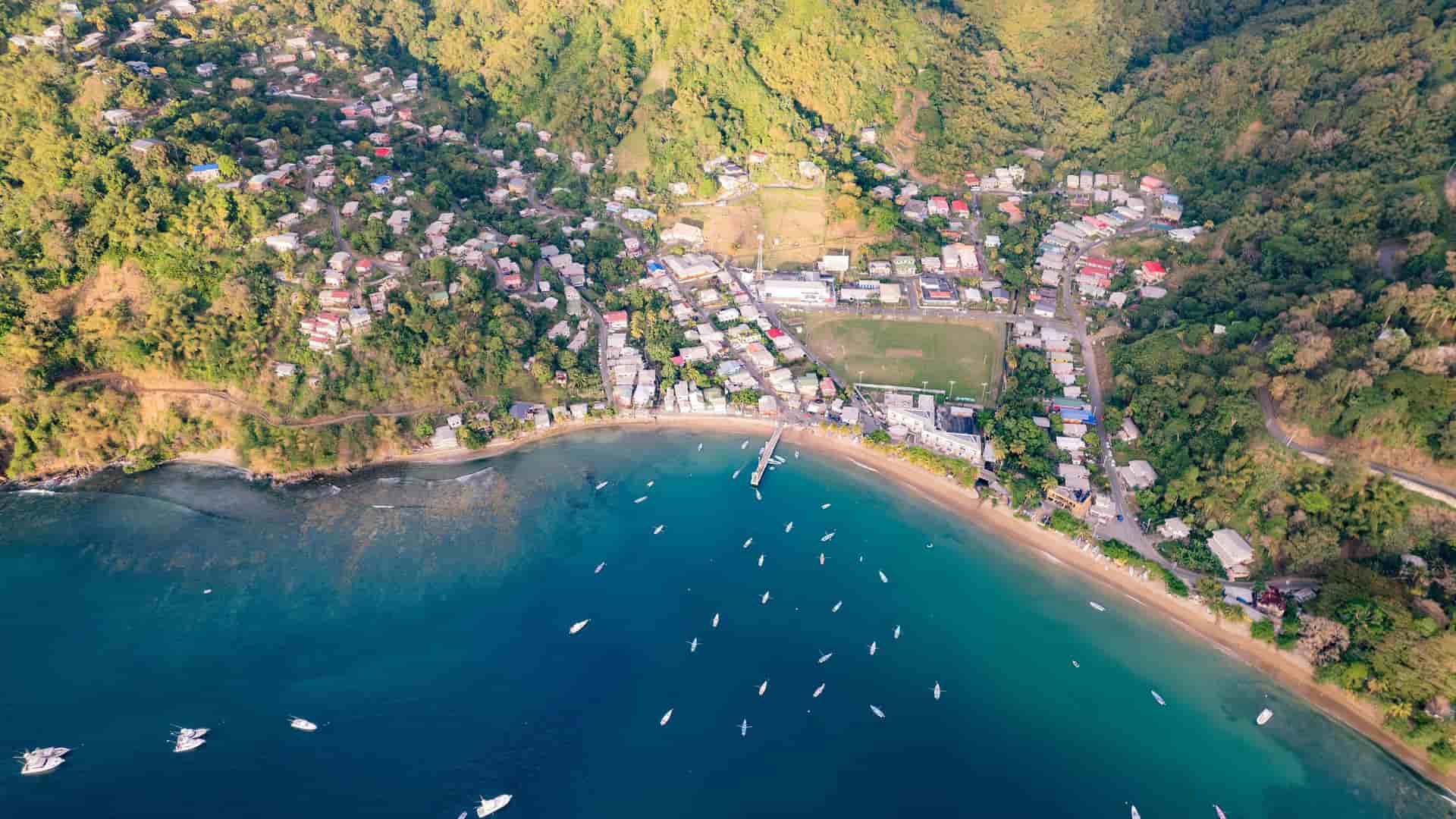 An aerial view of Charlotteville, a village nestled between a verdant, mountainous coastline and a beach with turquoise water dotted with numerous small fishing boats.