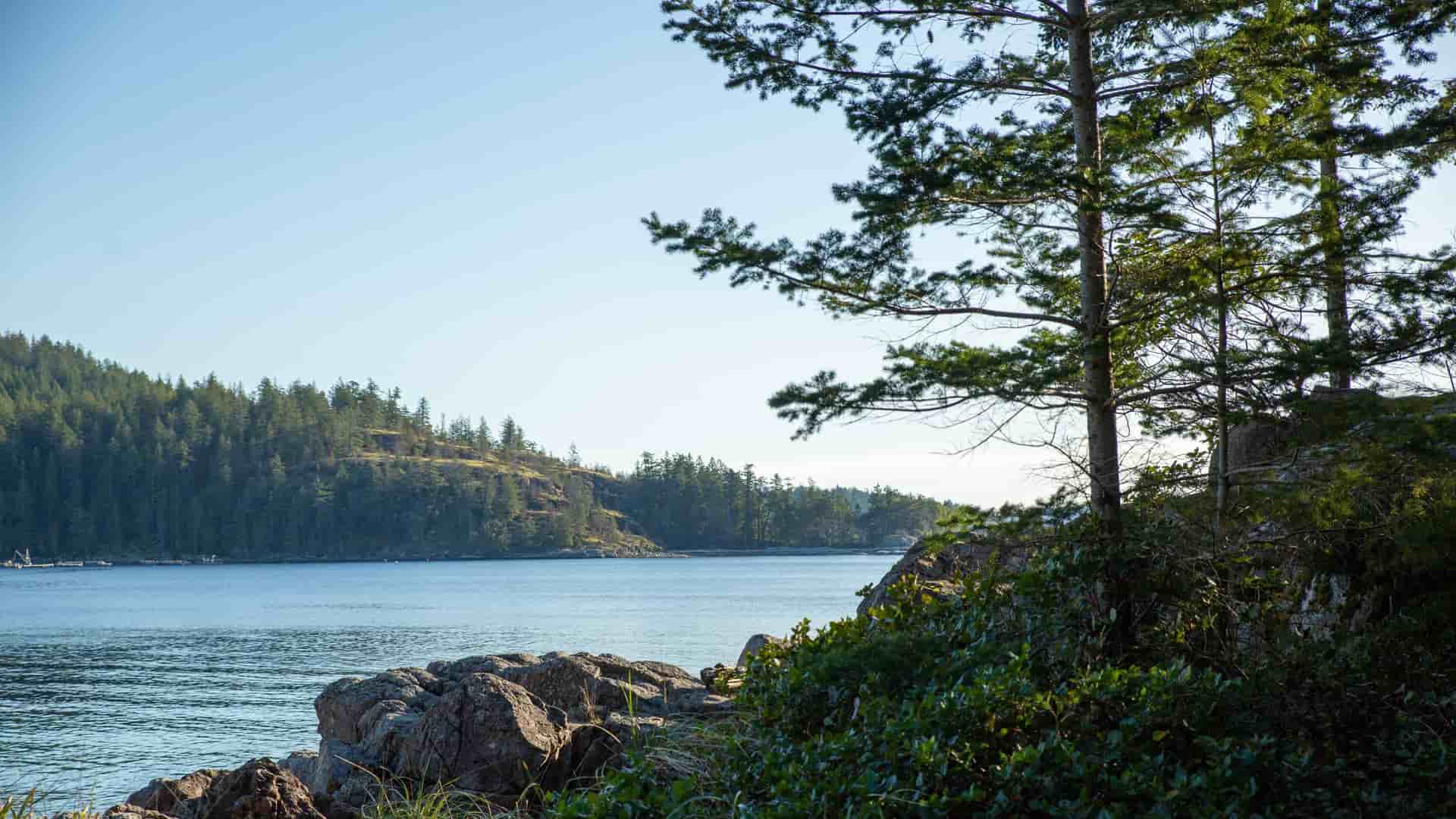A serene coastal landscape on Cortes Island, British Columbia, Canada. The foreground features a rugged, rocky shoreline where small waves gently break. Beyond the shore, the dark, calm sea stretches out to meet the horizon, with distant islands and a thick forest covering the rugged terrain, typical of the Pacific Northwest.