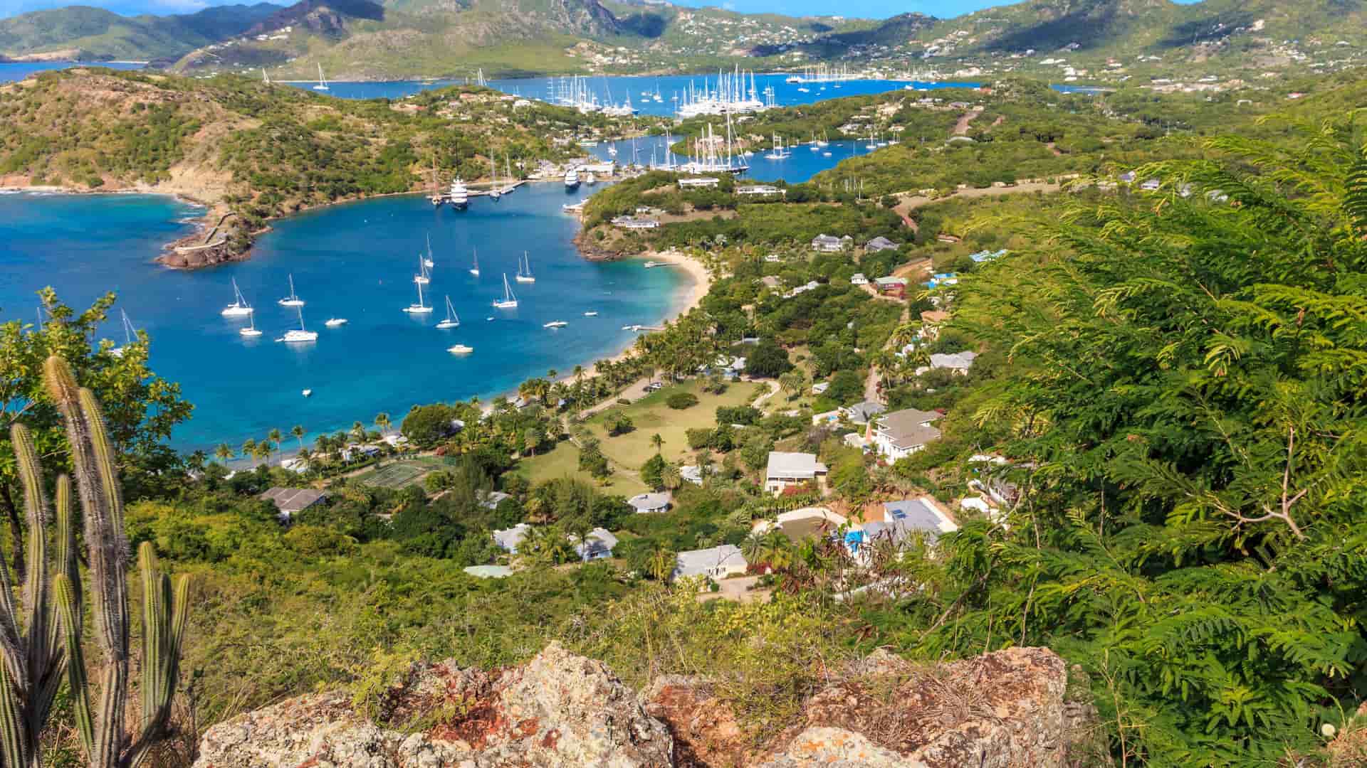 A high-angle view of Falmouth Harbour, Antigua, with its pristine blue waters dotted with numerous sailboats and a lush, green landscape of hills and scattered houses surrounding the bay.