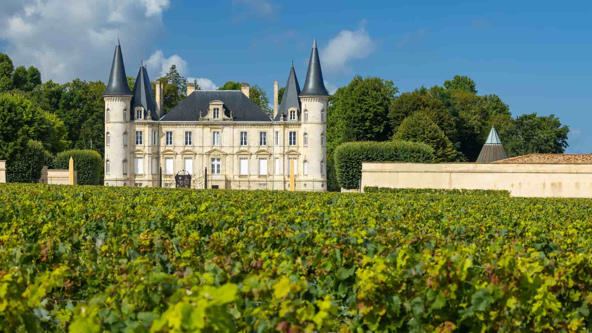 A grand French château and winery, Château Lafite Rothschild, is shown from a distance with its elegant architecture and turrets standing tall behind rows of lush green vineyards on a sunny day.