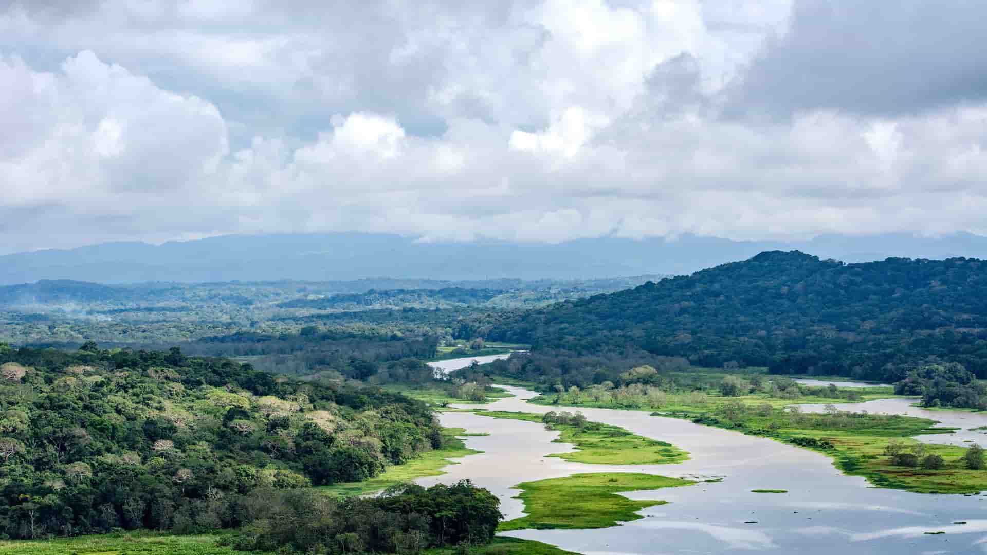 "A scenic aerial shot of the Chagres River winding through the dense, green rainforest of Gamboa, Panama, with mountains in the misty distance and a cloudy sky above.  "