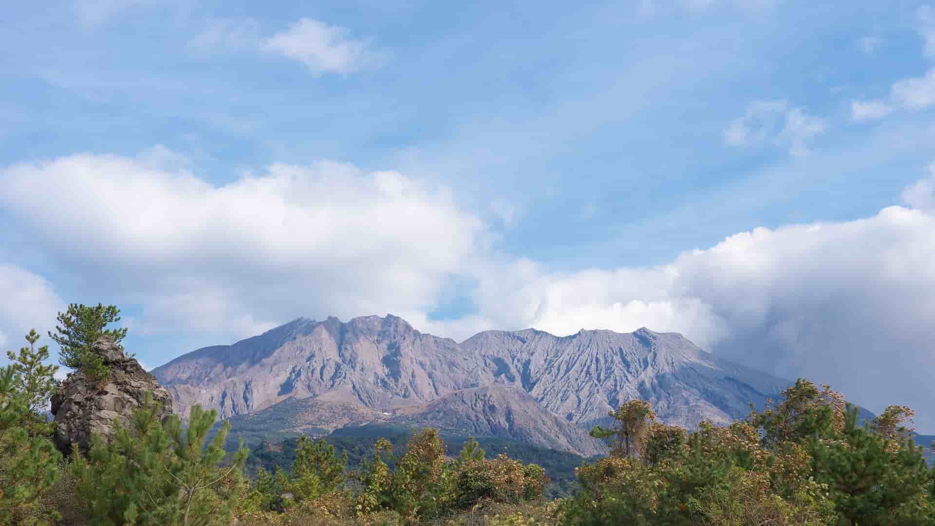 A striking view of the active Sakurajima volcano and its peaks, rising behind a foreground of green trees, in the bay of Kagoshima, Japan.