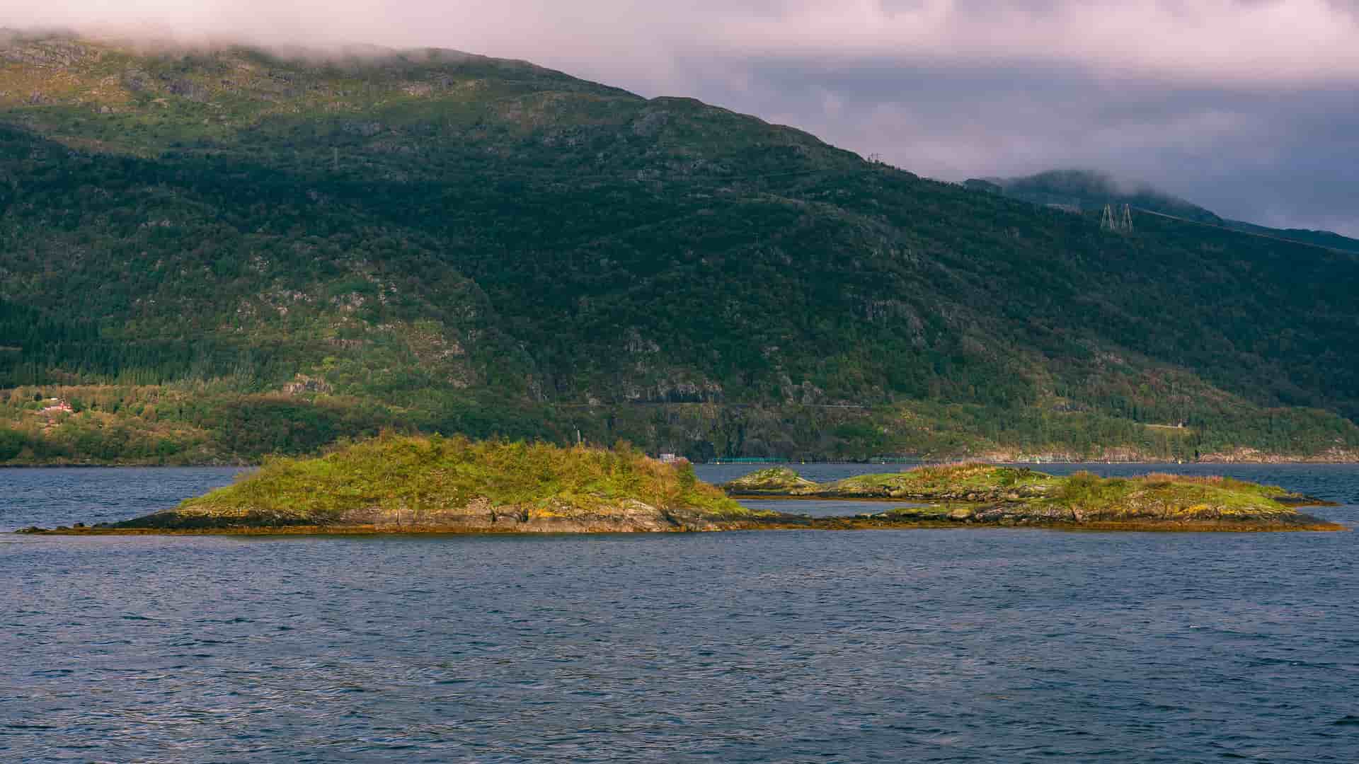 A view of a fjord with small, rocky islands covered in green vegetation, set against a backdrop of a large, forested mountain under a cloudy sky in Langenuen Strait, Norway.