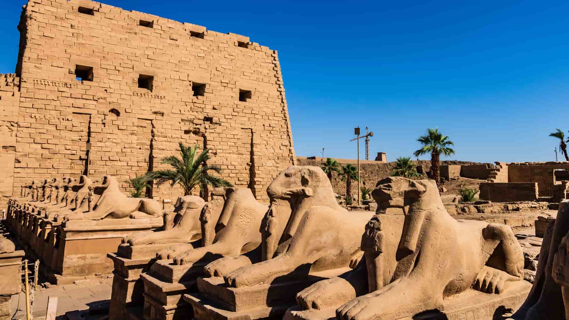 A striking view of the Avenue of the Sphinxes at the Karnak Temple Complex in Luxor, Egypt, with the ancient stone statues and temple ruins under a clear blue sky.