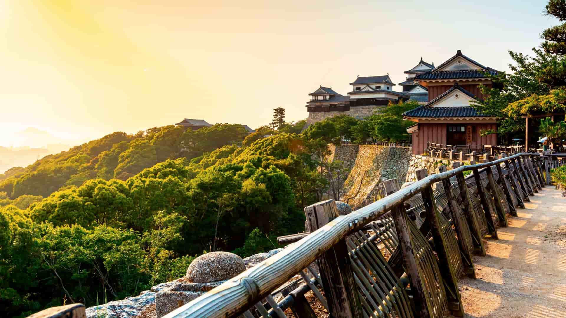 A panoramic sunset view of the iconic Matsuyama Castle in Japan, perched on a hill surrounded by lush green forests.