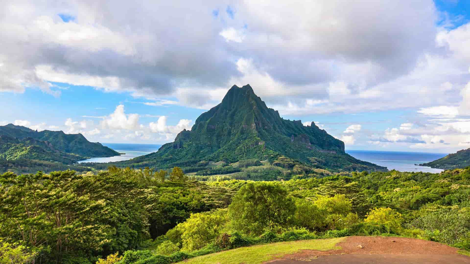 A panoramic landscape view of the lush, green volcanic mountains and hills of Moorea, French Polynesia, with the Opunohu and Cook's Bays on either side.