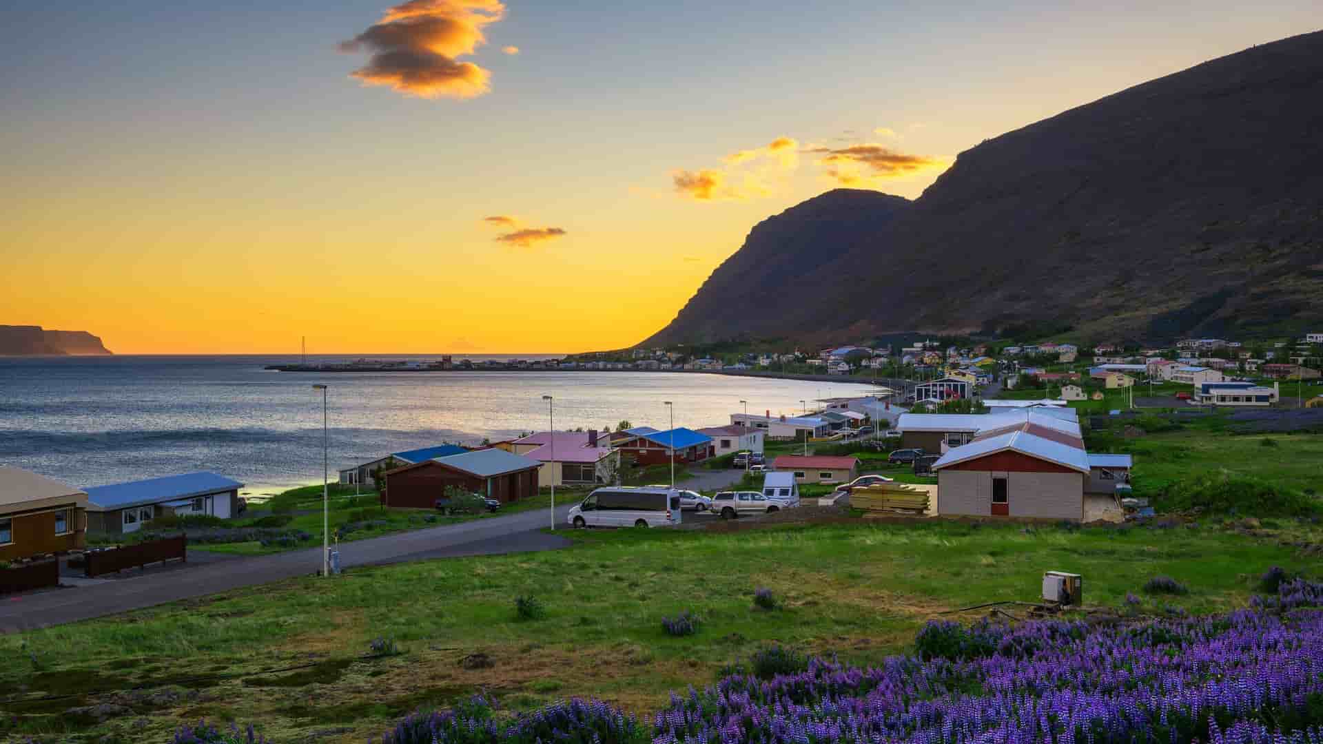 A view of the small fishing village of Patreksfjörður, Iceland, with colorful houses along the shore and a huge mountain in the background at sunset.