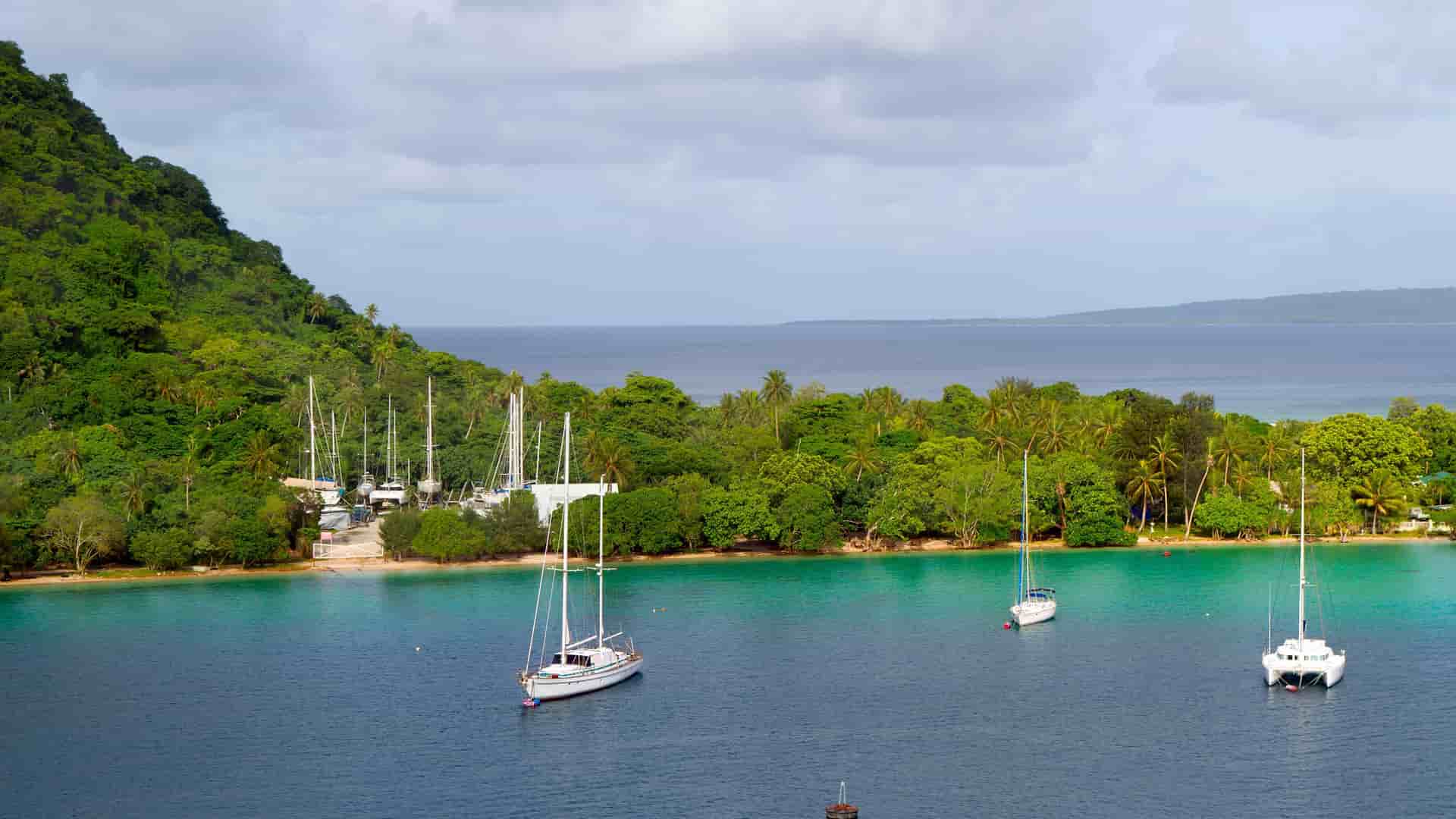 A beautiful tropical bay in Port Vila, Vanuatu, with several sailboats and yachts anchored in the clear turquoise water, surrounded by lush green trees on the coastline.