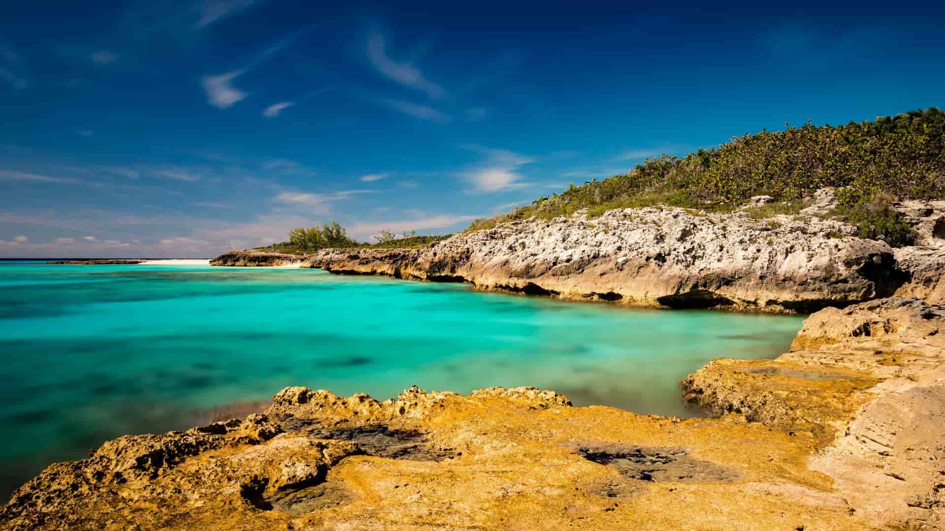A scenic view of the coastline of San Salvador Island in the Bahamas, with rocky shores and lush green vegetation meeting the incredibly clear, shallow turquoise waters of the Atlantic Ocean under a deep blue sky.