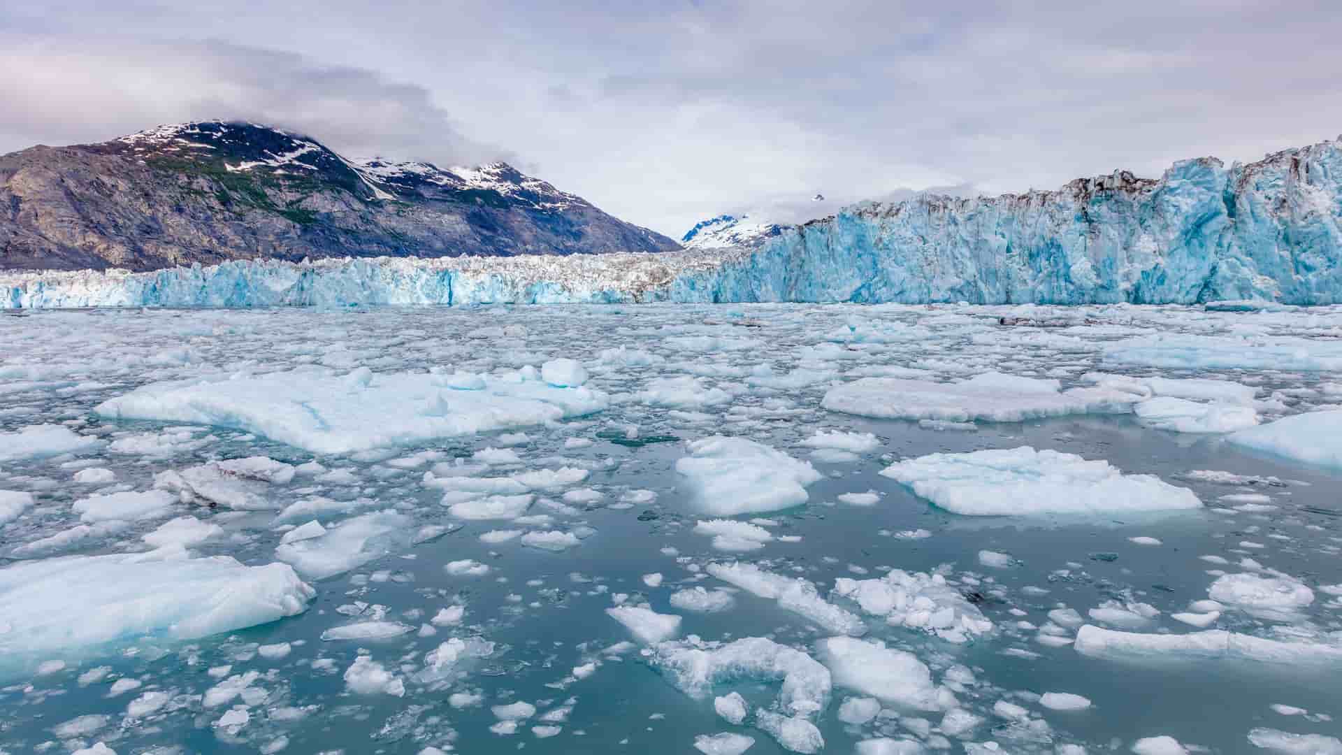 A breathtaking landscape view of the massive blue face of the Columbia Glacier in Alaska's Prince William Sound, with large icebergs and ice floes dotting the water near Valdez.