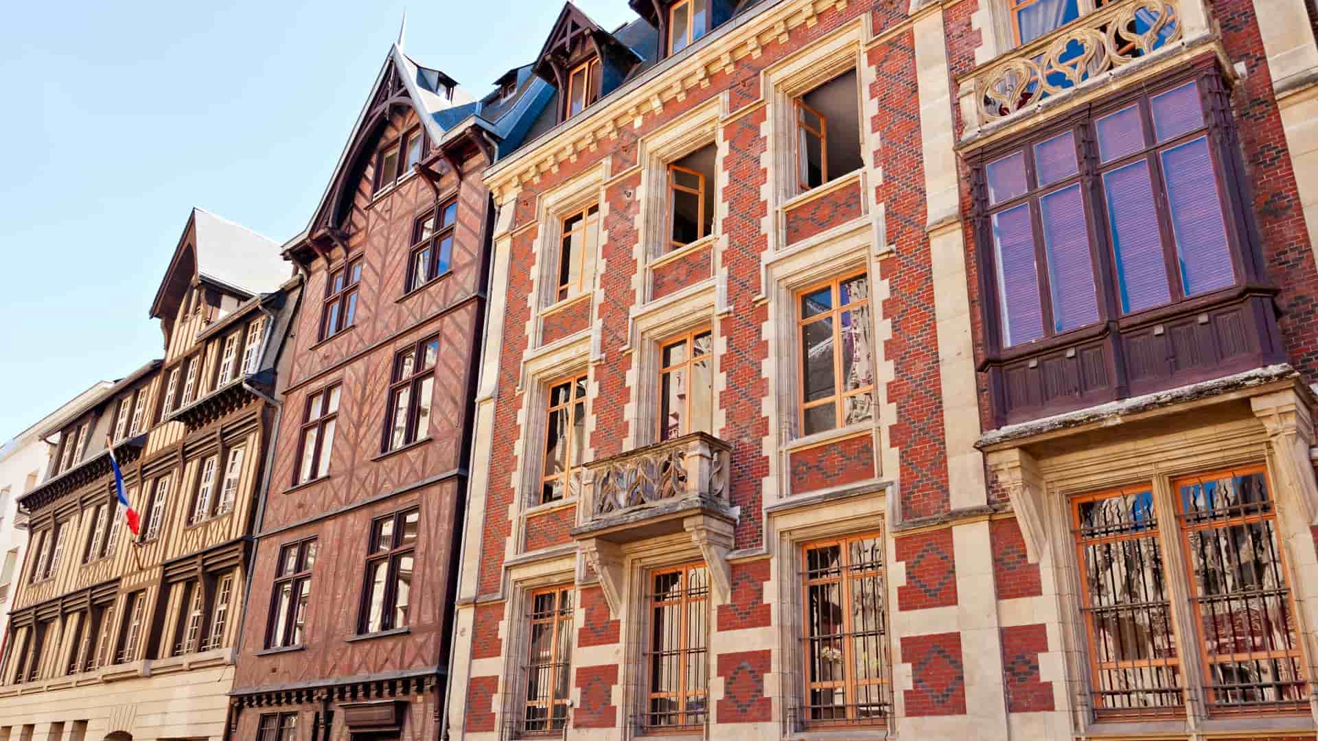 Historic half-timbered buildings in Rouen, France.
