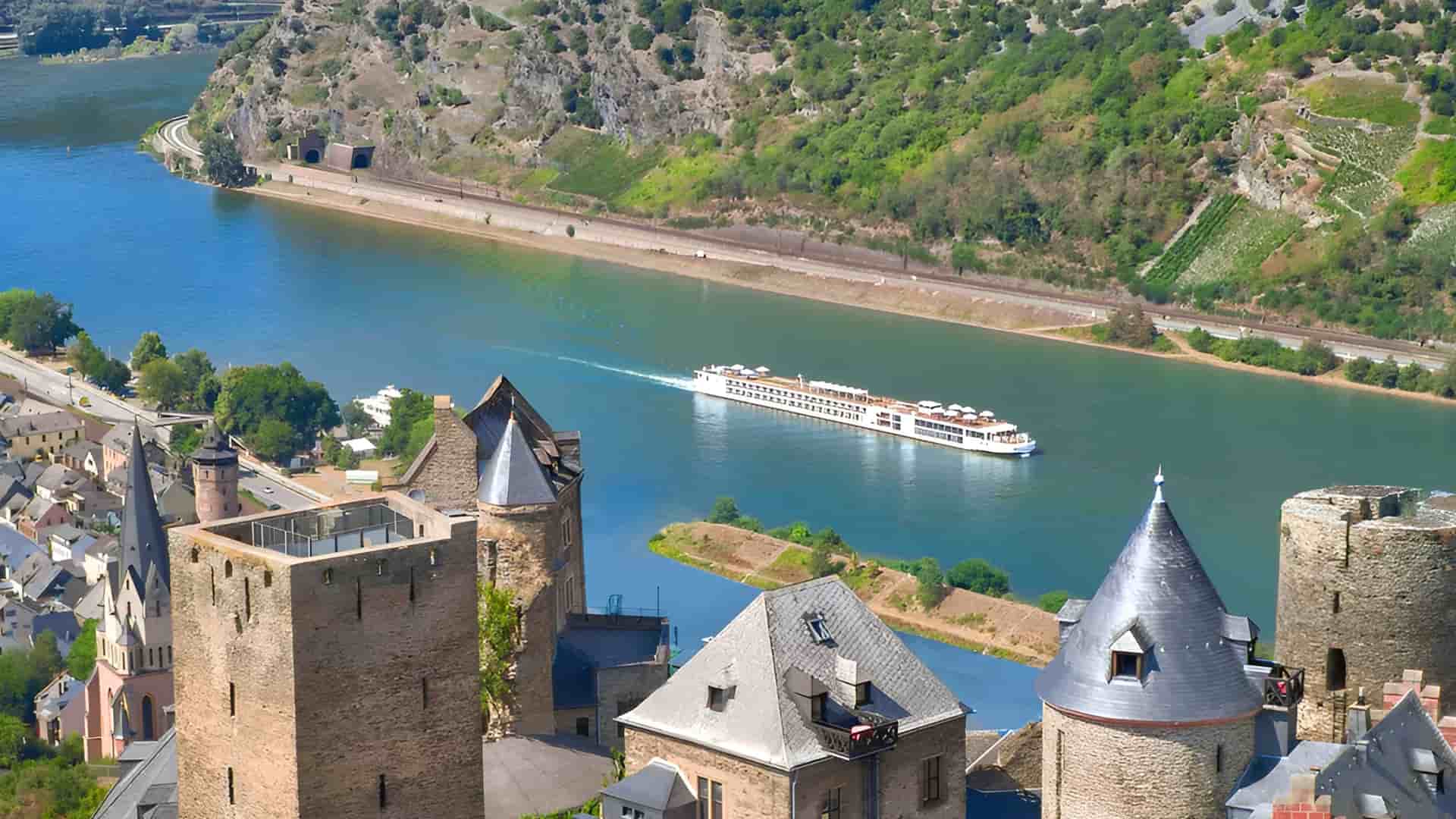 Aerial view of Viking Annar on a European river.