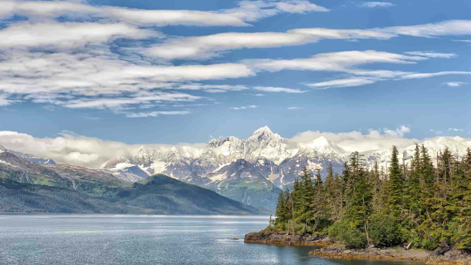 Prince William Sound Alaska mountains and trees.