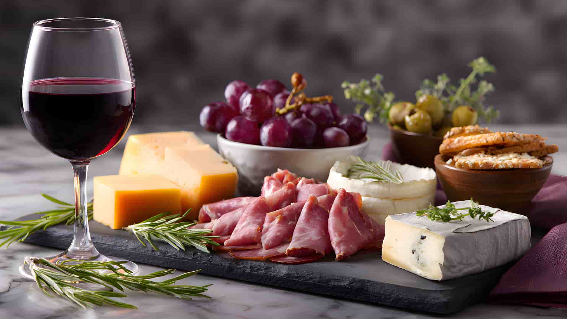 A charcuterie board with a glass of red wine, curated to highlight local French cuisine.