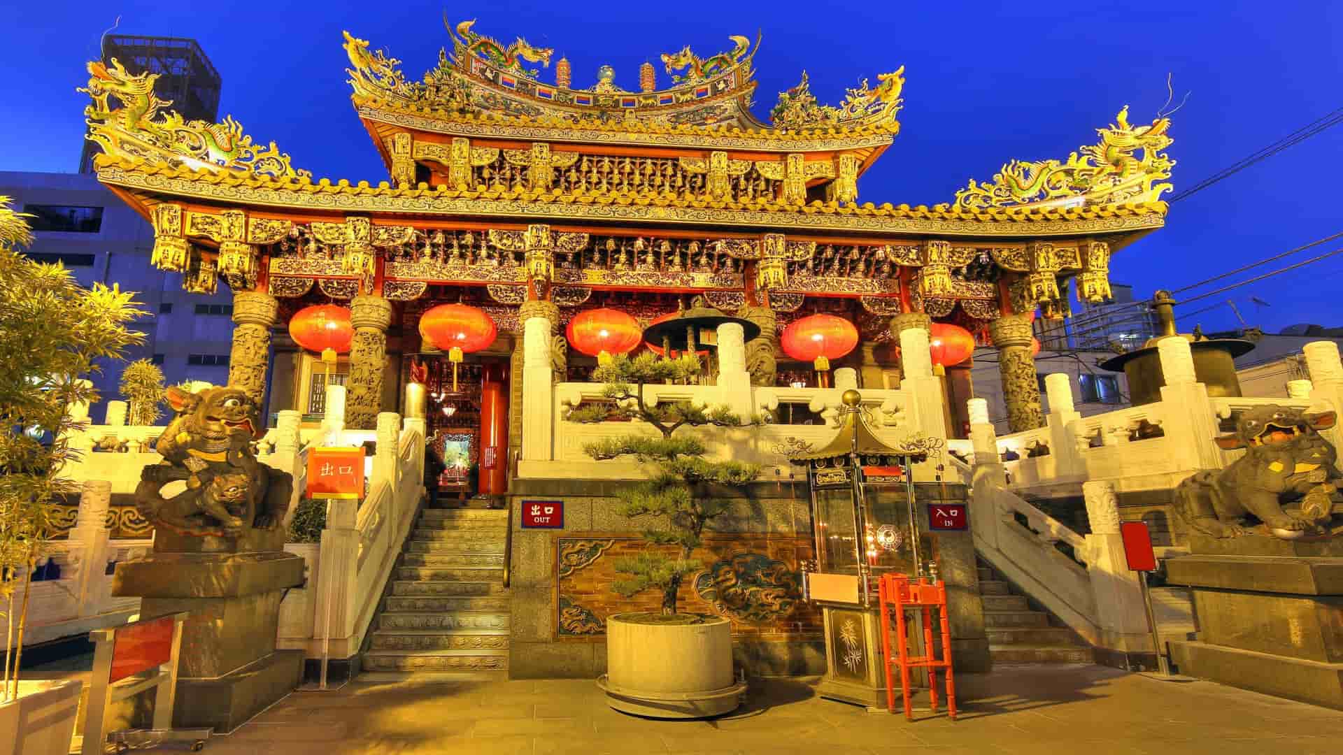 Illuminated Kwan Tai Temple in Yokohama Chinatown, Japan.