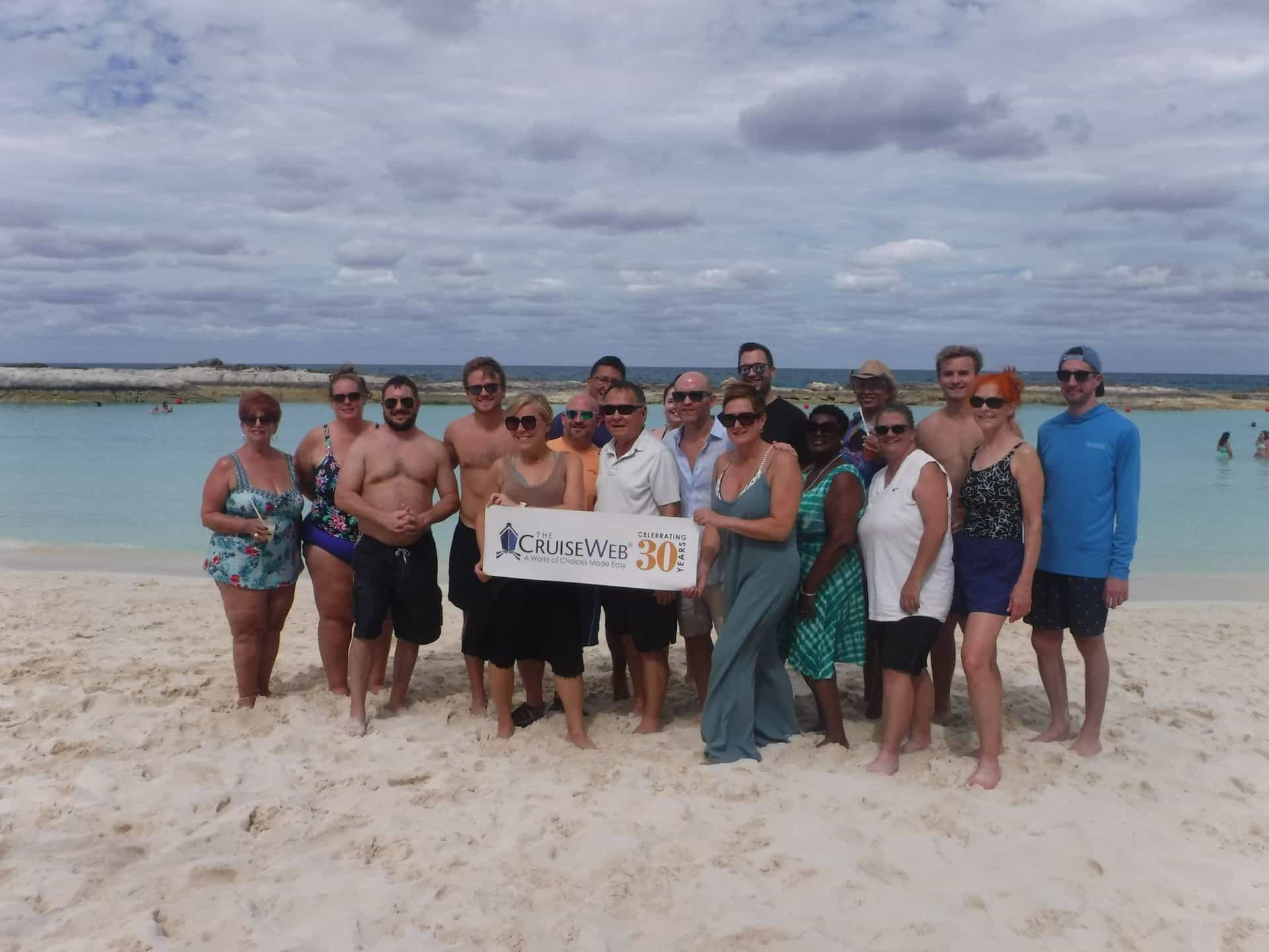 The Cruise Web Team enjoying Half Moon Cay, Bahamas.