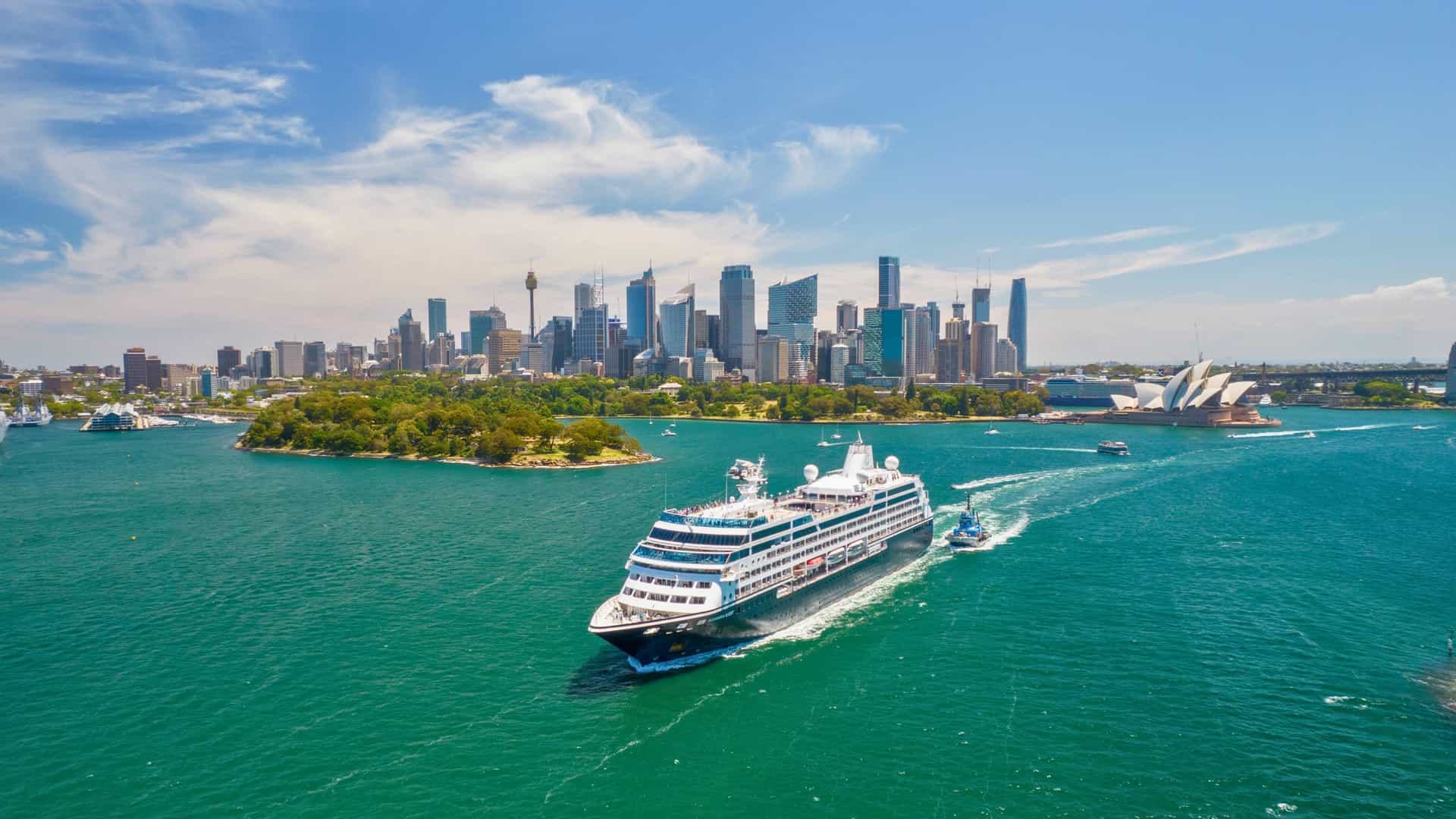 Azamara Cruises: Sydney Harbour, Australia - ship departing, Opera House, city skyline, Trans-Pacific journey.