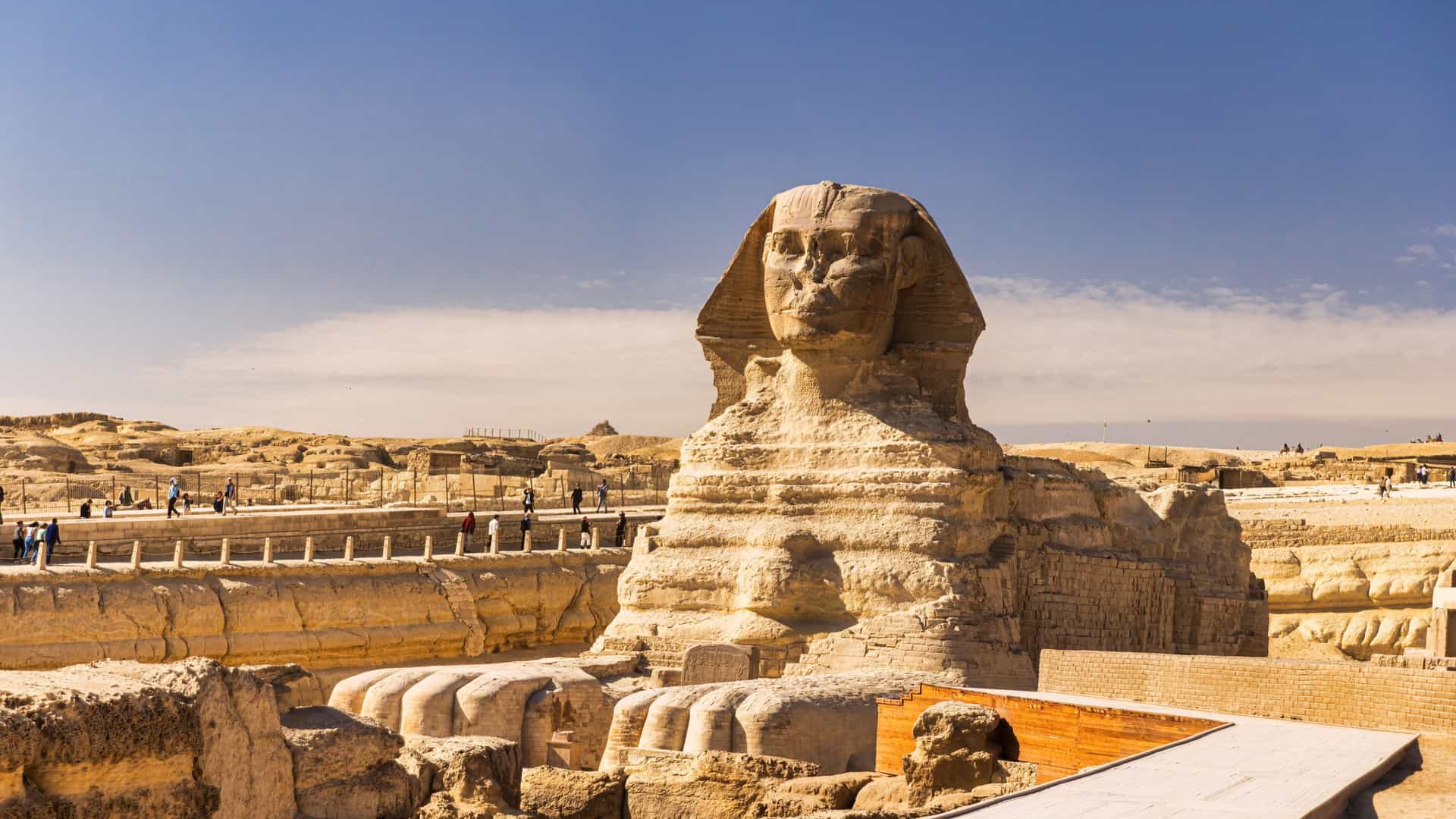 The Great Sphinx of Giza under a clear blue sky, captured during an Azamara shore excursion in Egypt, showcasing ancient architecture and desert landscapes near Cairo.