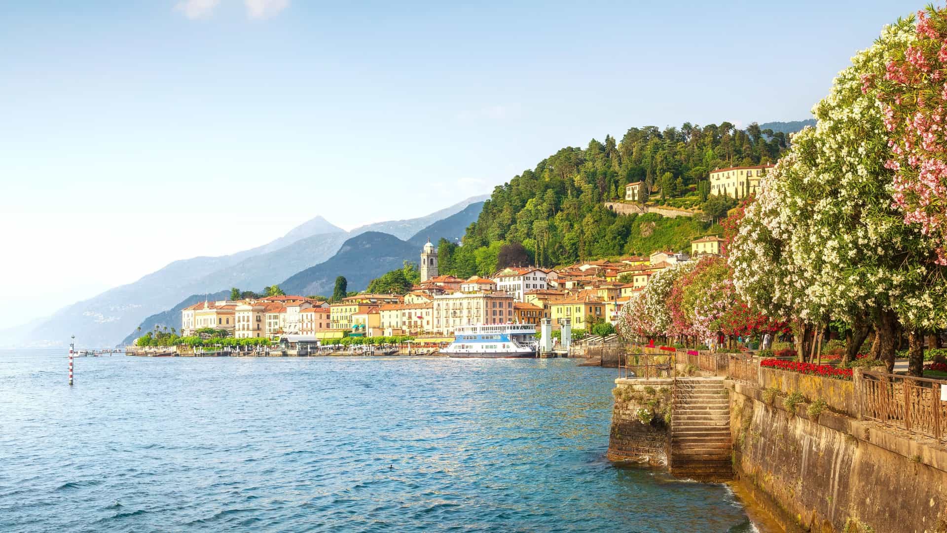 Scenic town of Bellagio on Lake Como, Italy with colorful buildings and mountains.