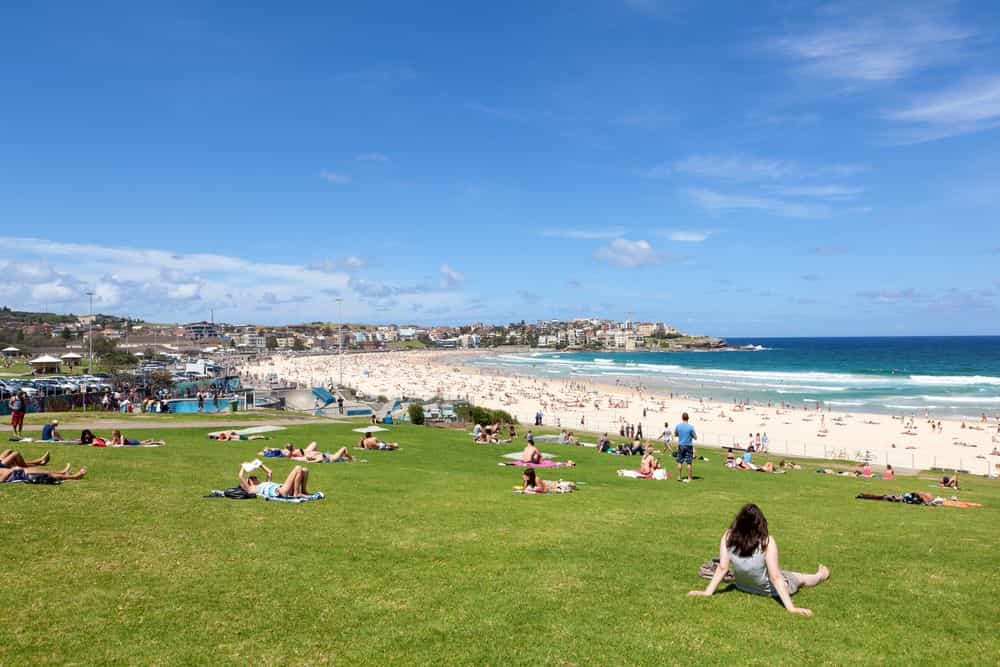 View of Bondi Beach in Sydney, Australia, with people relaxing on the grassy hill overlooking the sandy beach, clear blue ocean, and coastal buildings under a sunny sky