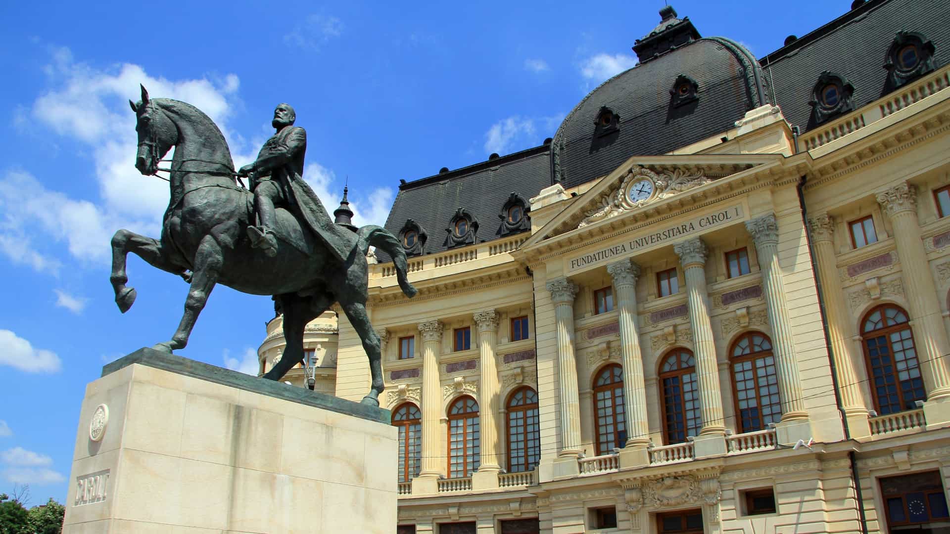 Equestrian statue in front of Bucharest library.