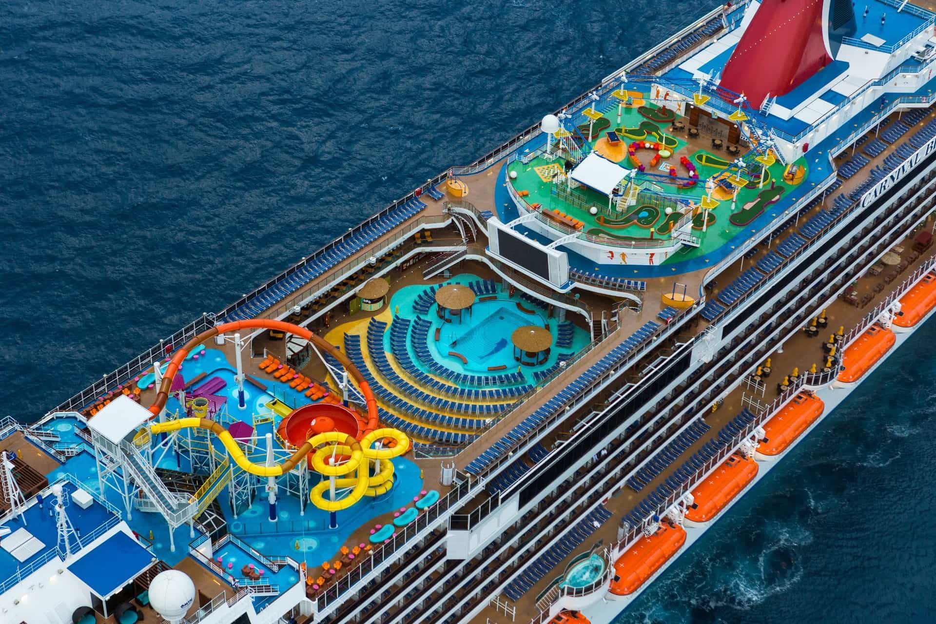 Carnival Breeze Aerial View of the top deck showcasing the waterpark. 