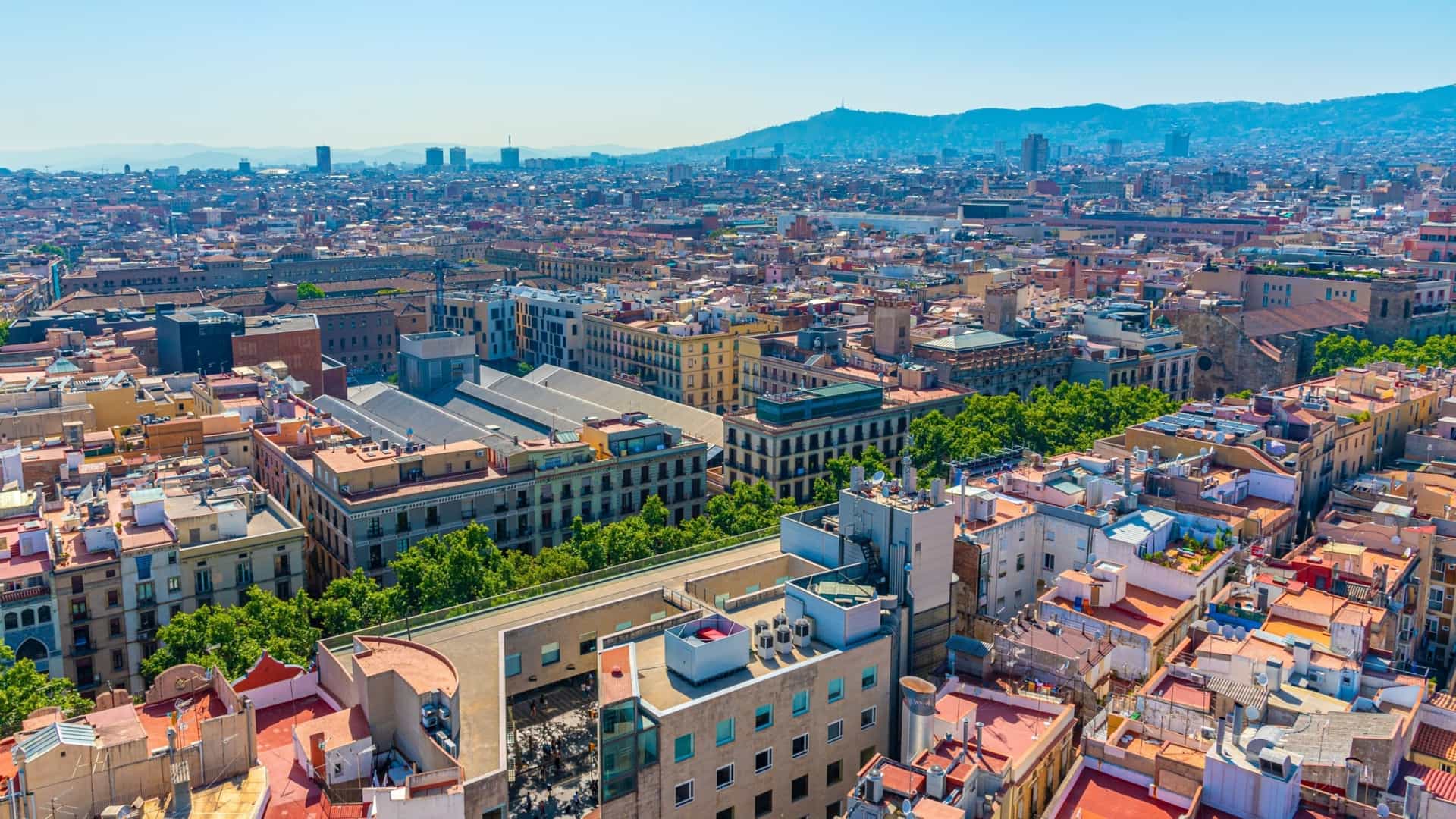 A high-angle aerial view of La Rambla in Barcelona, showing the long, straight, central pedestrian boulevard densely lined with trees (plane trees), flanked by roads with vehicle traffic, and surrounded by the dense grid of historic, multi-story buildings of the city center.