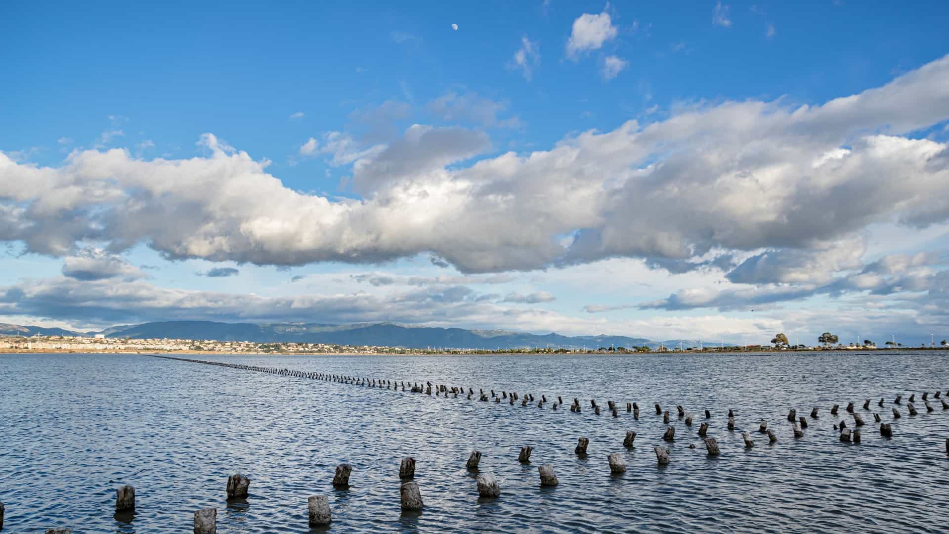 A landscape view of the marshlands within the Molentargius Regional Natural Park near Cagliari, Sardinia, Italy, a key wetland area known for its wildlife and surrounding hills.
