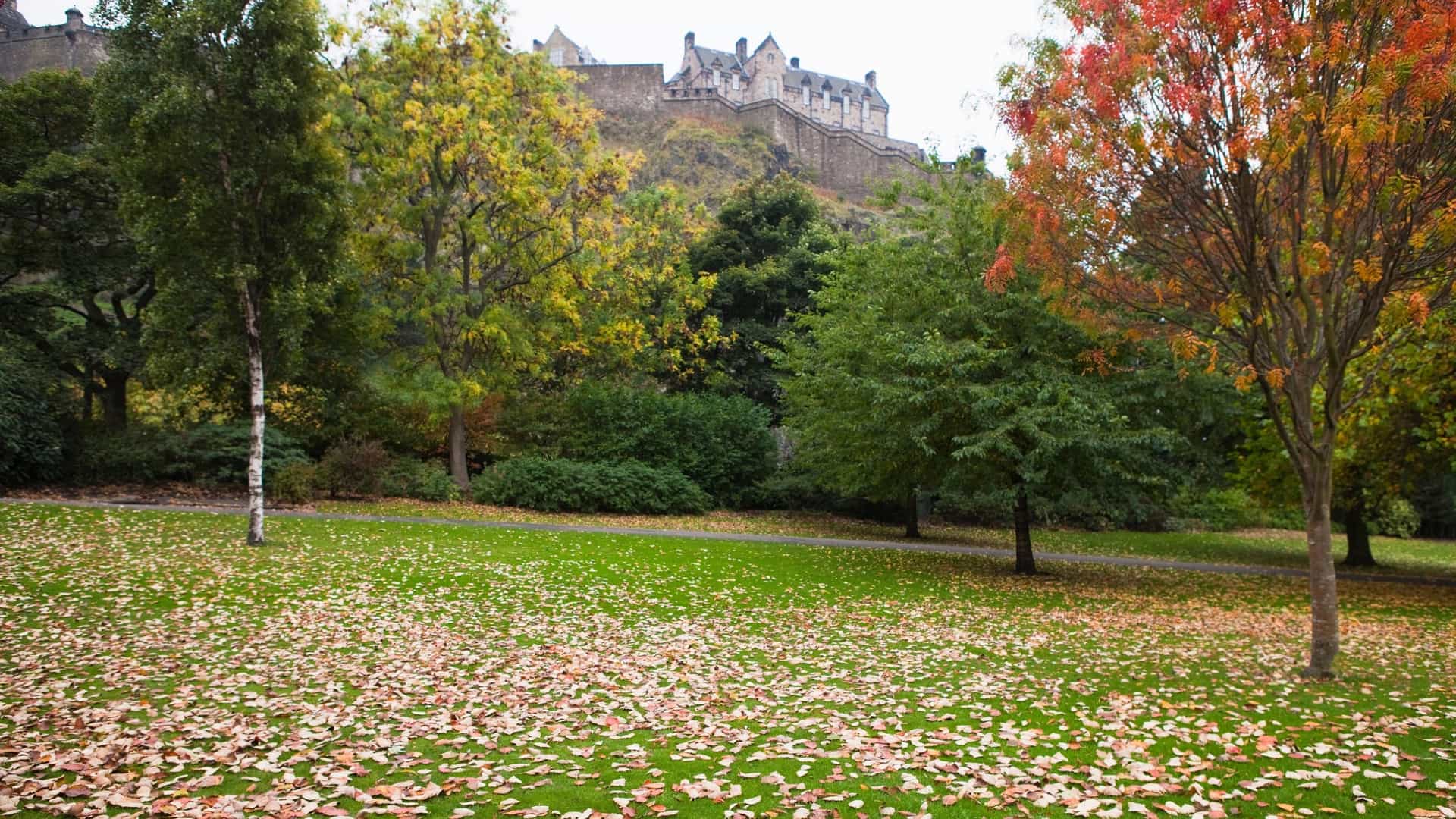  A view of Princes Street Gardens in Edinburgh, with the imposing Edinburgh Castle dominating the background. The gardens feature a lush green lawn and various trees, with the castle's fortified walls and turrets visible on the rock above. The scene captures the contrast between the natural space of the gardens and the historic, man made structure of the castle.