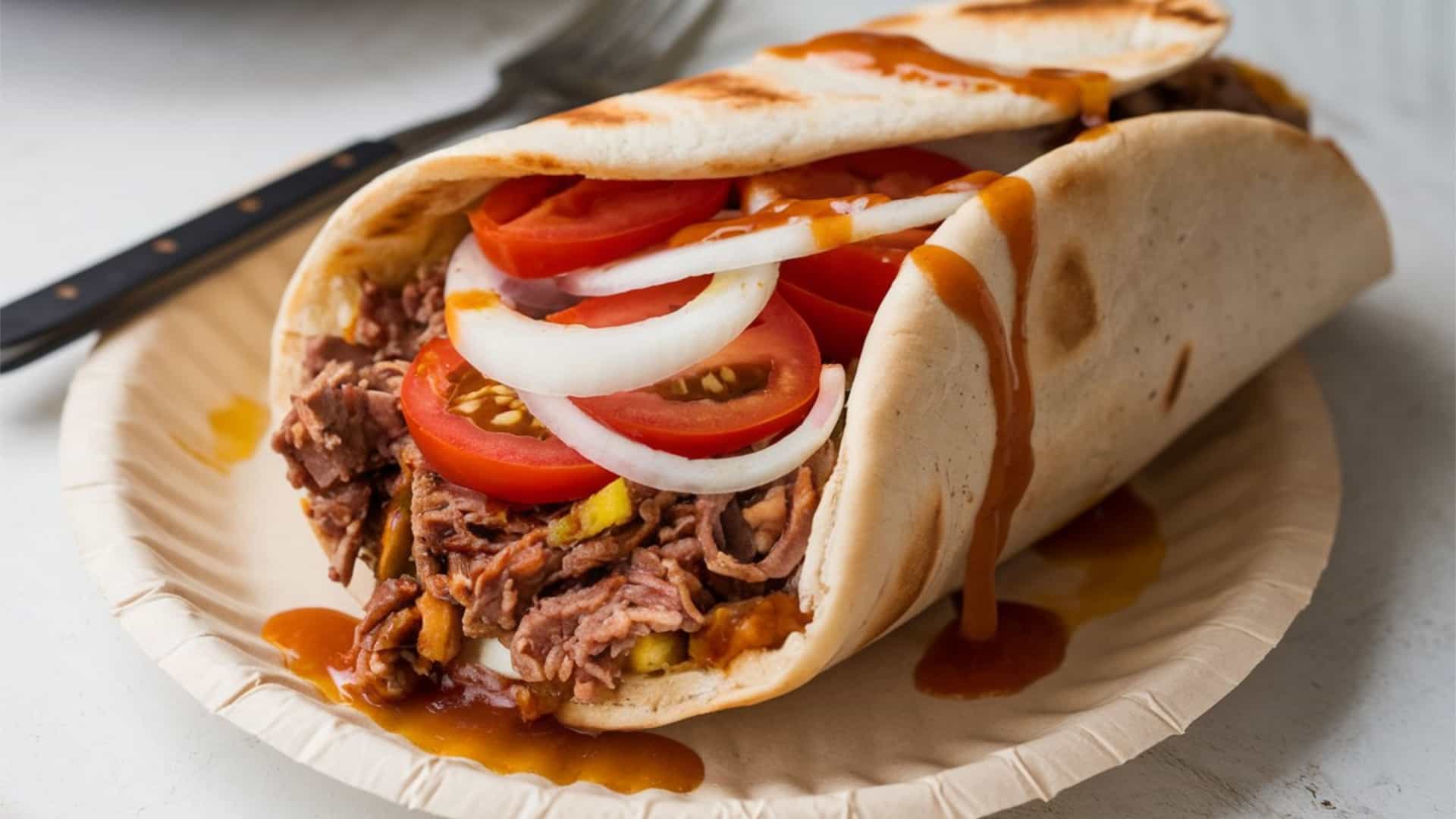 A close-up of a classic Halifax Donair, which is Eastern Canada's distinct version of a doner kebab. The image shows the sliced, spiced meat and chopped tomatoes and onions wrapped in a pita, topped generously with the signature white, sweet garlic sauce.