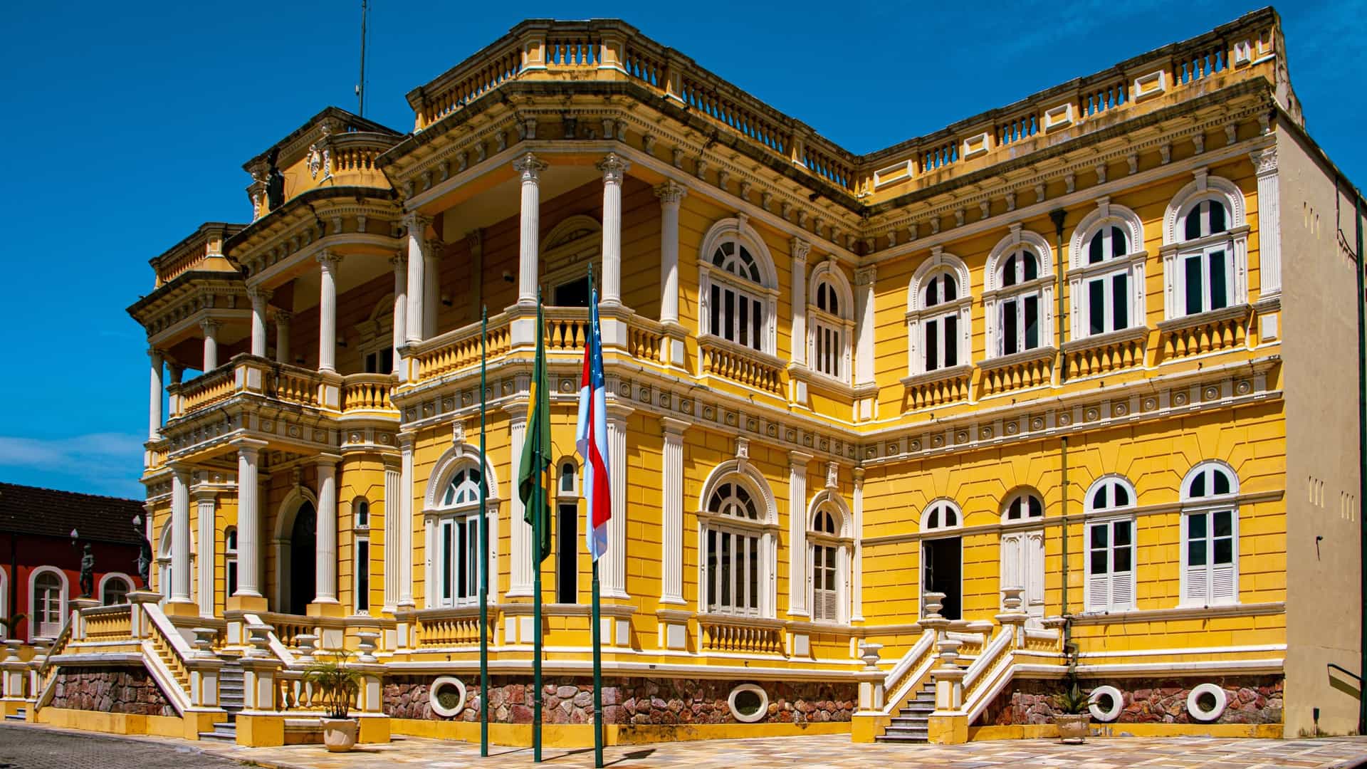 The neoclassical facade of the Palácio Rio Negro (Rio Negro Palace) in Manaus, Brazil. The building, which served as the former seat of government and official residence of the governor of the state of Amazonas, is a symbol of the wealth from the Amazon's rubber boom.
