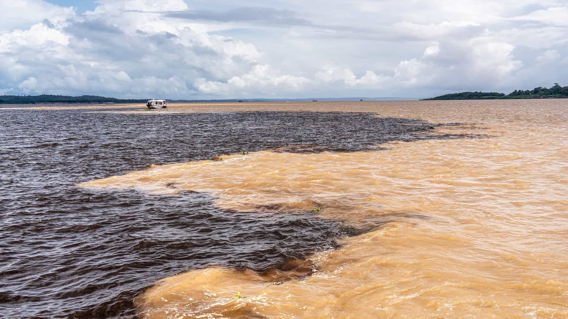 An aerial view of the "Meeting of the Waters" (Encontro das Águas) near Manaus, Brazil, where the dark, almost black waters of the Rio Negro and the pale, sandy-colored (whitewater) Amazon River (known locally as Rio Solimões) flow side-by-side for several kilometers without immediately mixing.