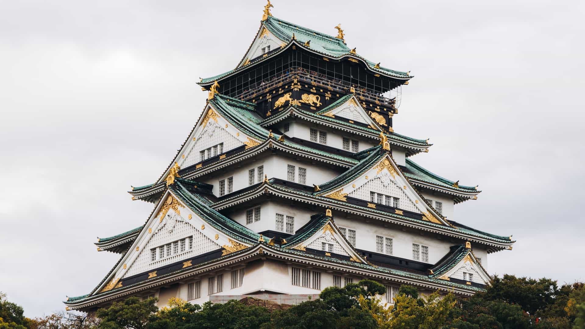 A panoramic view of the reconstructed Osaka Castle (Ōsaka-jō) in Japan. The castle's main tower, a multi-story structure with green tiled roofs and white walls accented with gold trim, stands prominently in the center. The surrounding castle grounds are lush and green, indicating a summer landscape, with some modern city buildings visible in the distance.