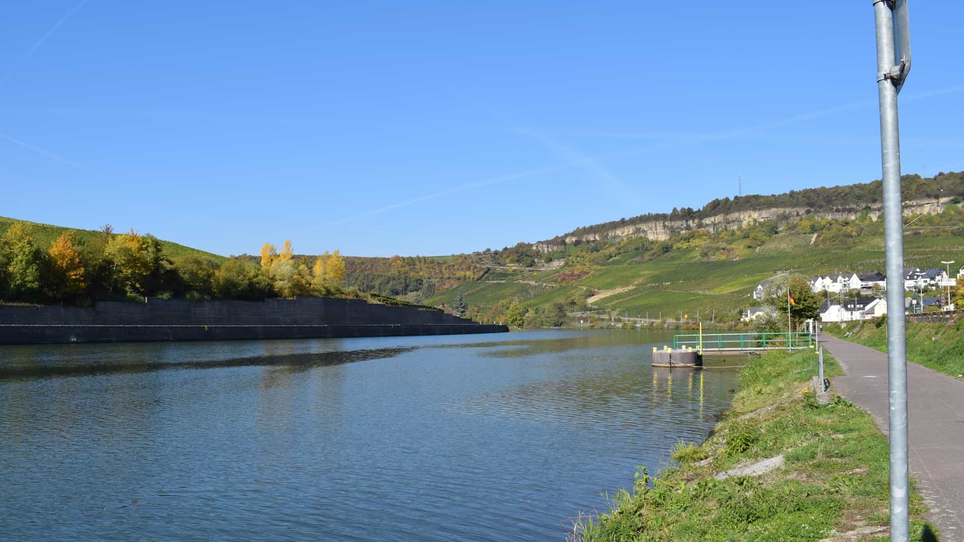  The scenic Moselle River flows through a valley near Luxembourg, flanked by steep hills covered in lush green vineyards.