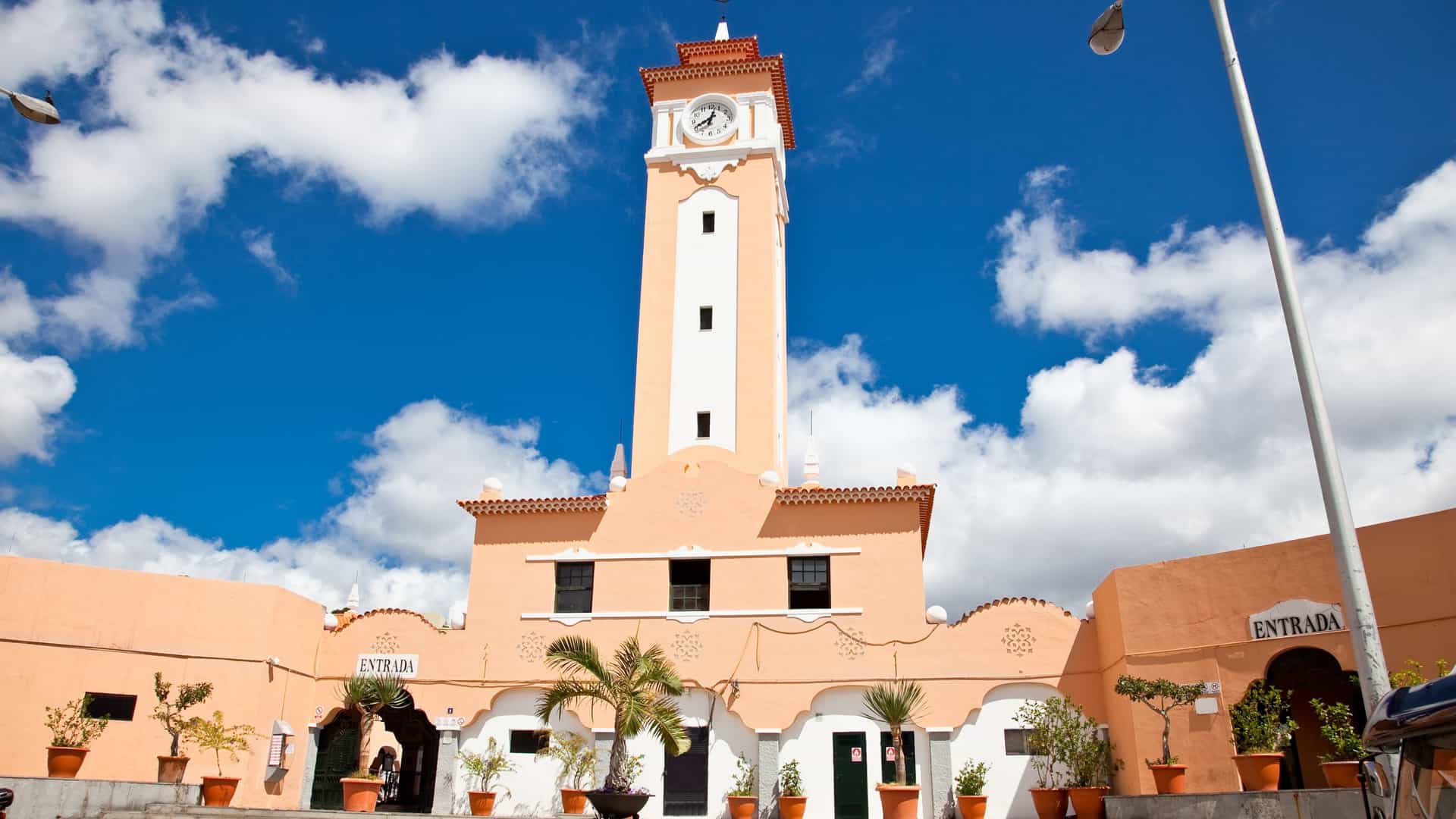  The main entrance of the Mercado de Nuestra Señora de África (La Recova) in Santa Cruz de Tenerife, Spain. The neo colonial style building, inaugurated in 1944, features a distinctive central arched gateway and a prominent clock tower in the Mudéjar style.