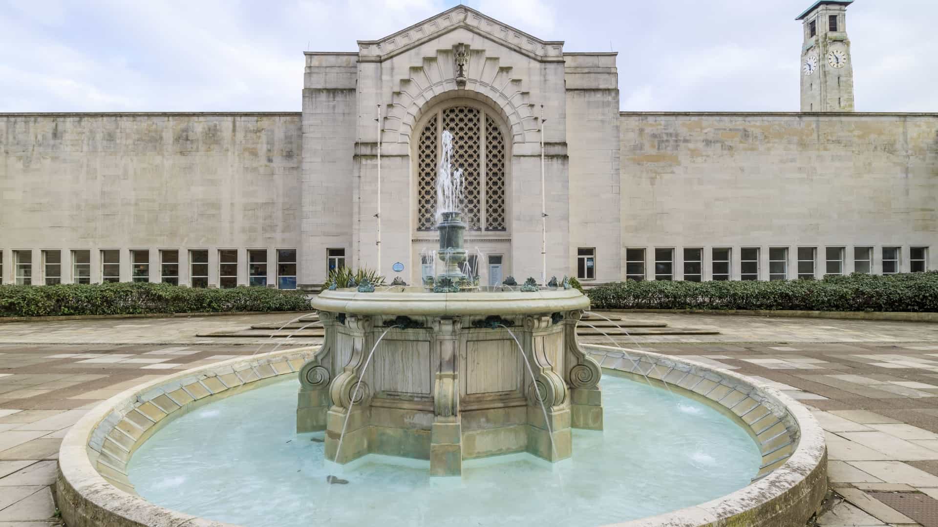  A view of the exterior of the Southampton City Art Gallery, which is housed in the city's grand, Grade II* listed Civic Centre. The photo captures the monumental, 1930s municipal architecture of the building's facade, likely including its prominent entrance and surrounding stone features.