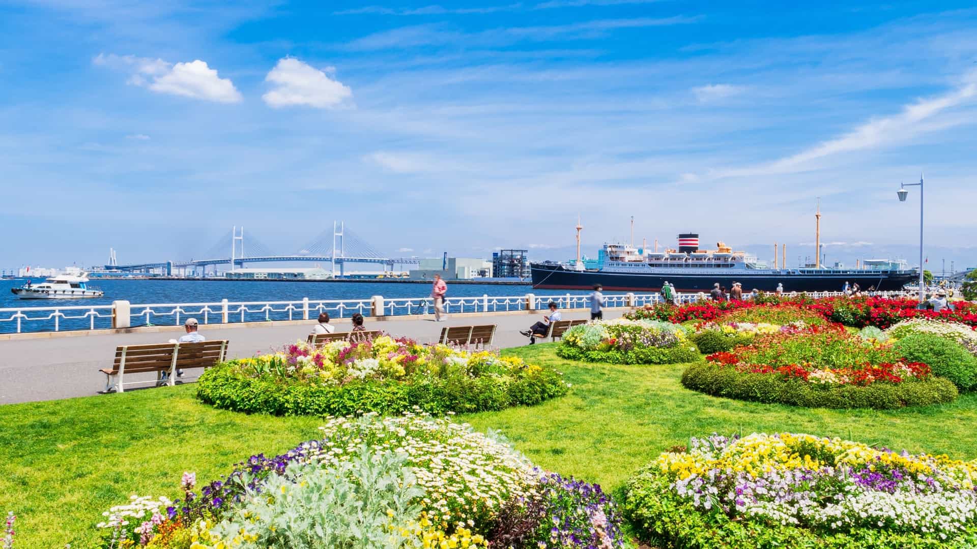  A spring view of the Yokohama Bay Area from Yamashita Park, showing a spacious waterfront promenade with fresh green trees and flowerbeds, the historic white hull of the Hikawa Maru ocean liner permanently docked on the water, and the modern Minato Mirai city skyline in the distance.
