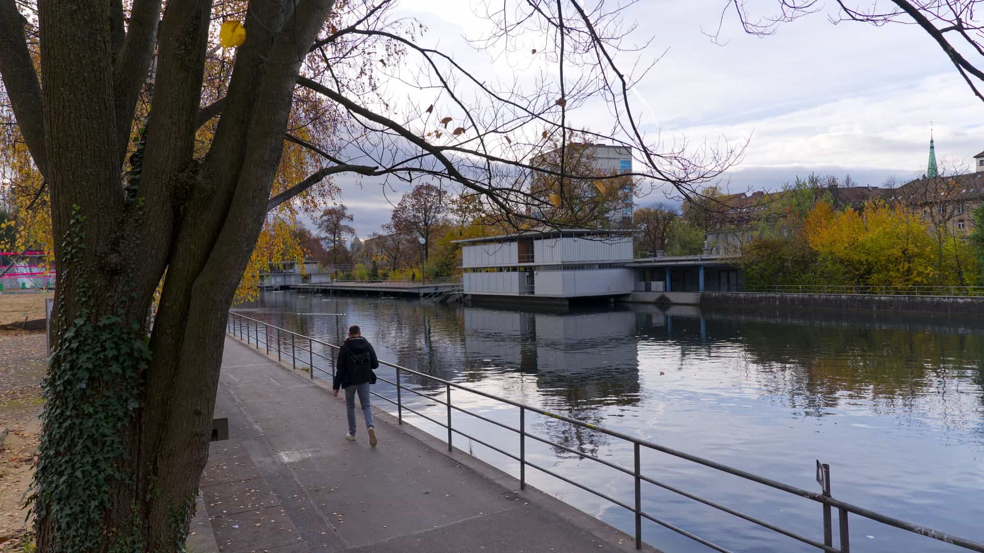  A scenic view of the Limmat River flowing through the city of Zürich, Switzerland, on a sunny autumn day. The riverbanks are lined with trees displaying vibrant yellow and orange fall foliage, and the stone tower of the Swiss National Museum is visible in the background.