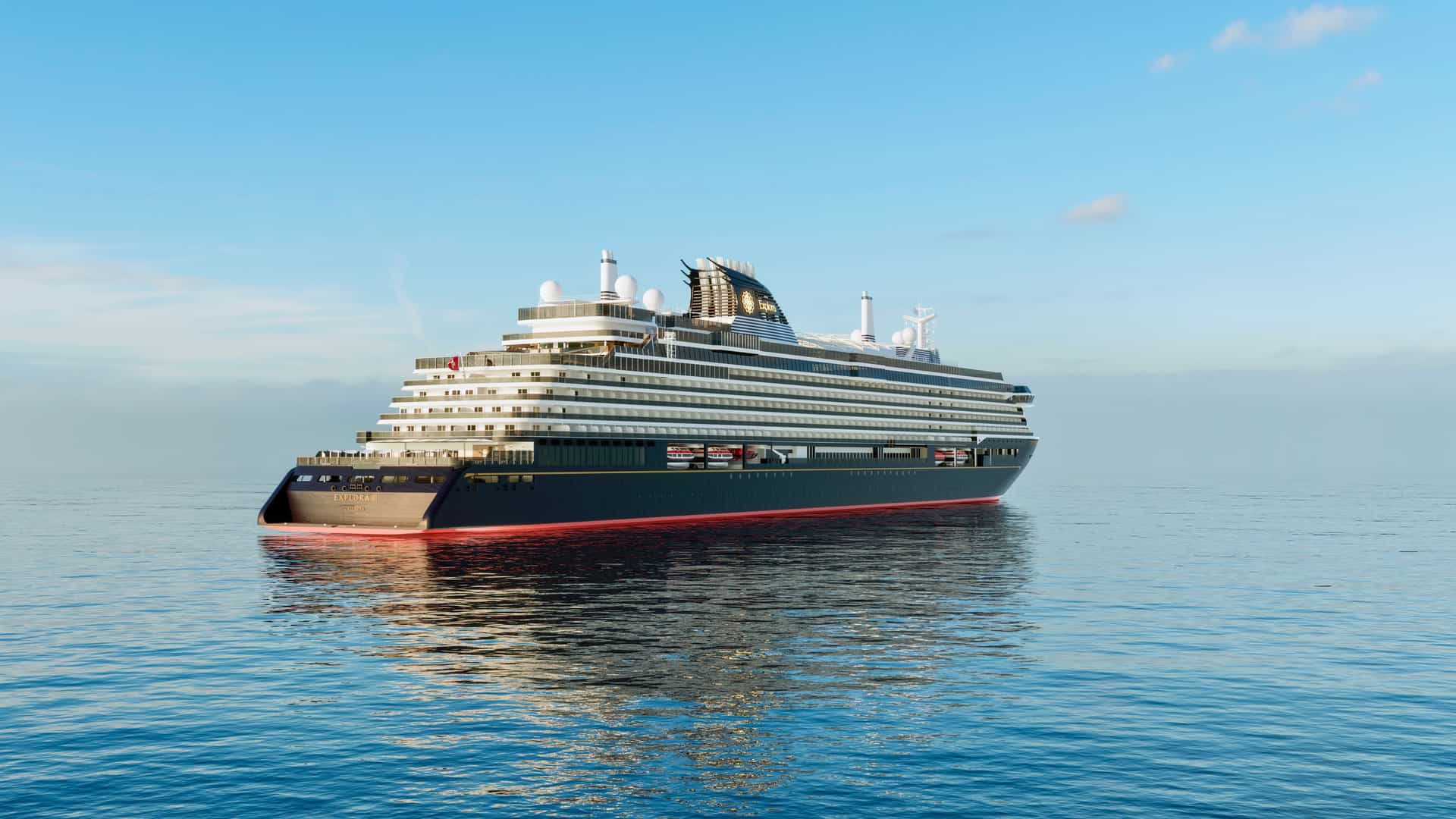Explora journey view of a world-class modern luxury cruise ship sailing calmly across the open ocean.