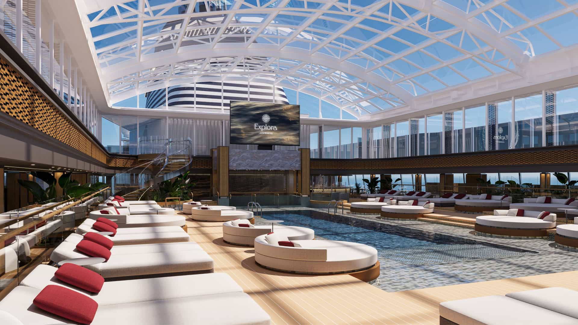 The conservatory pool and bar onboard the Explora 3.