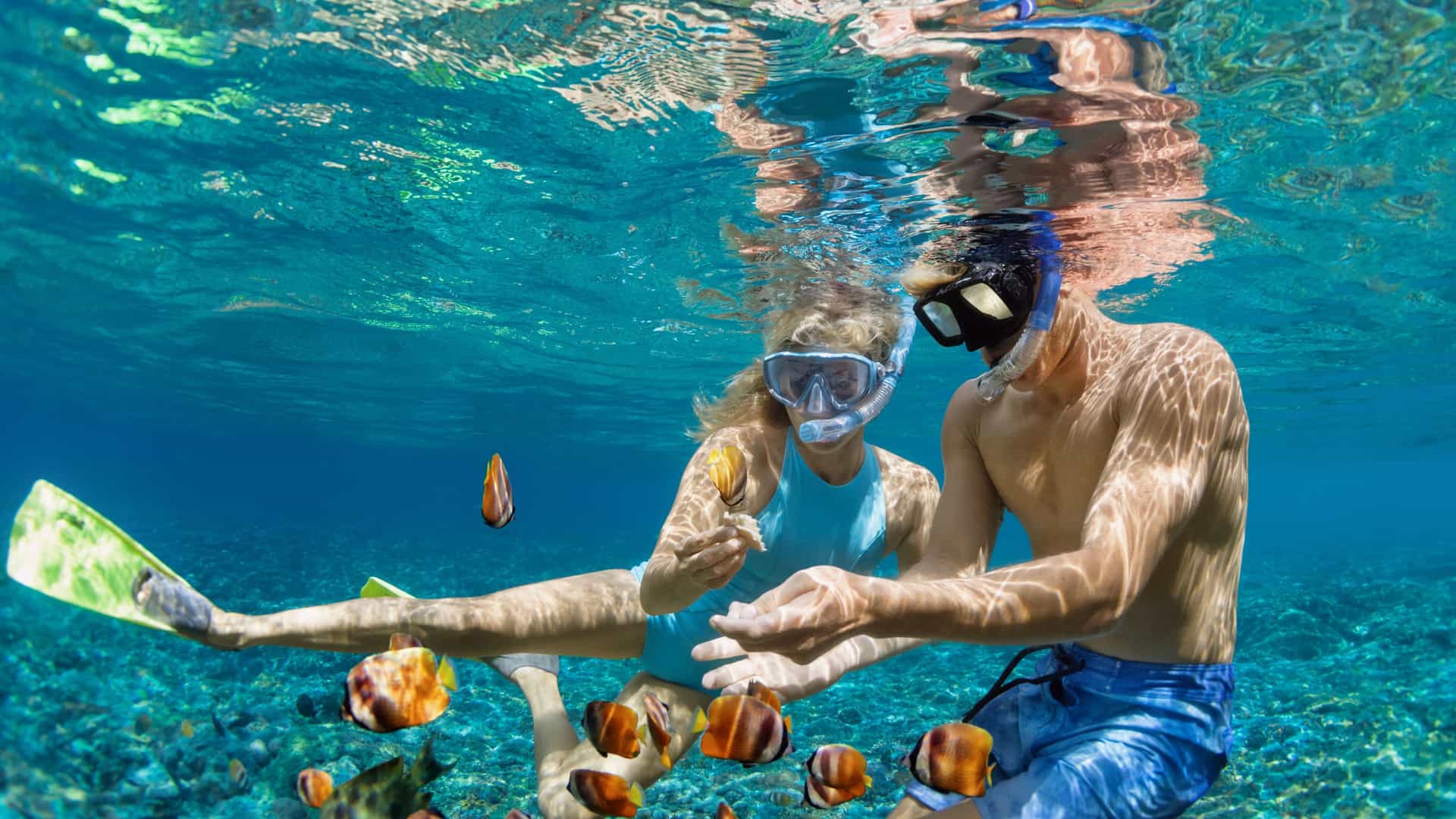 A coupleof first time cruisers enjoying snorkeling on the reef.